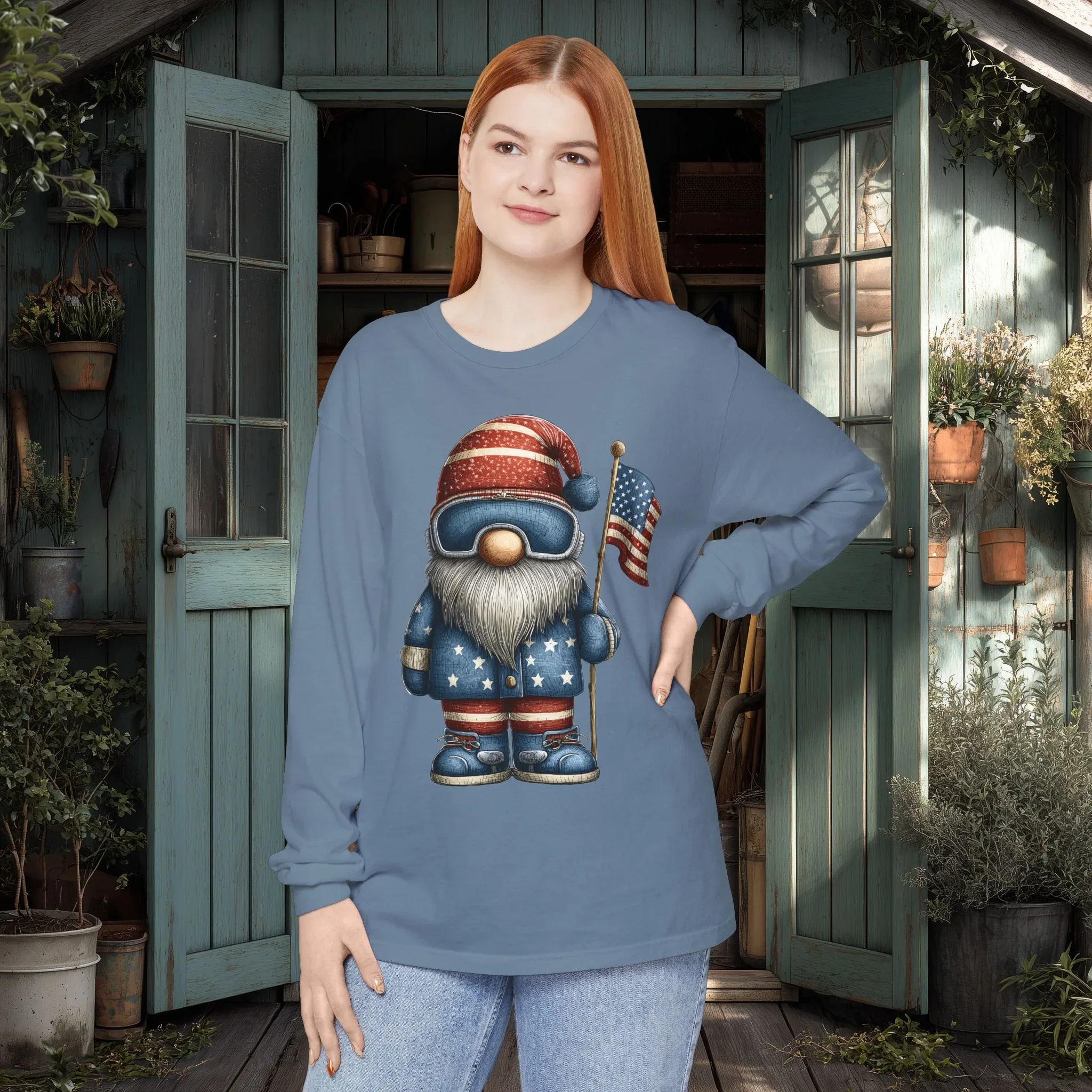 Patriotic Winter Gnome Shirt – USA Long Sleeve Tee