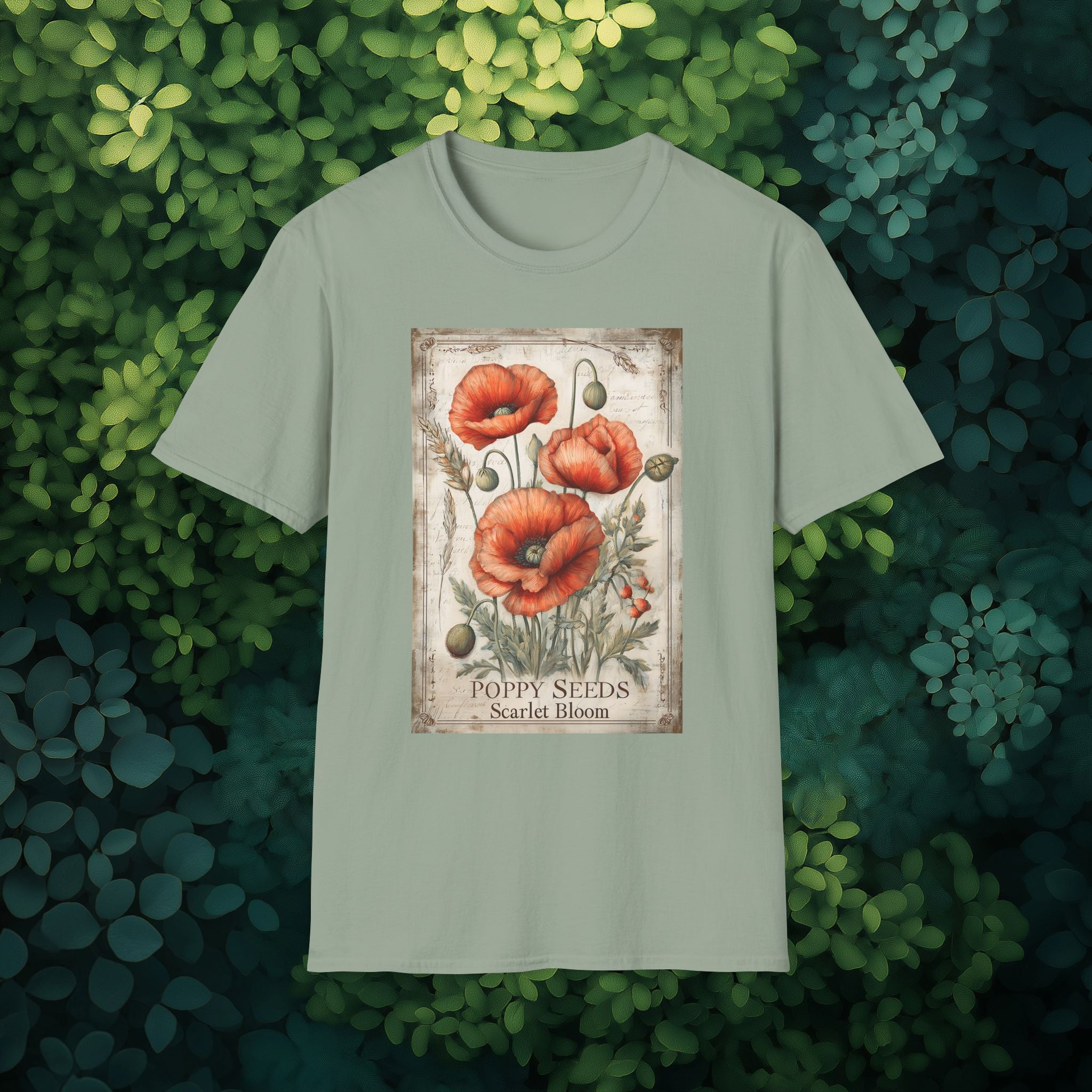 Vintage Scarlet Blooms Poppies Seed Packet Unisex T-Shirt for Gardeners, Nature Lovers, Summer Casual Wear