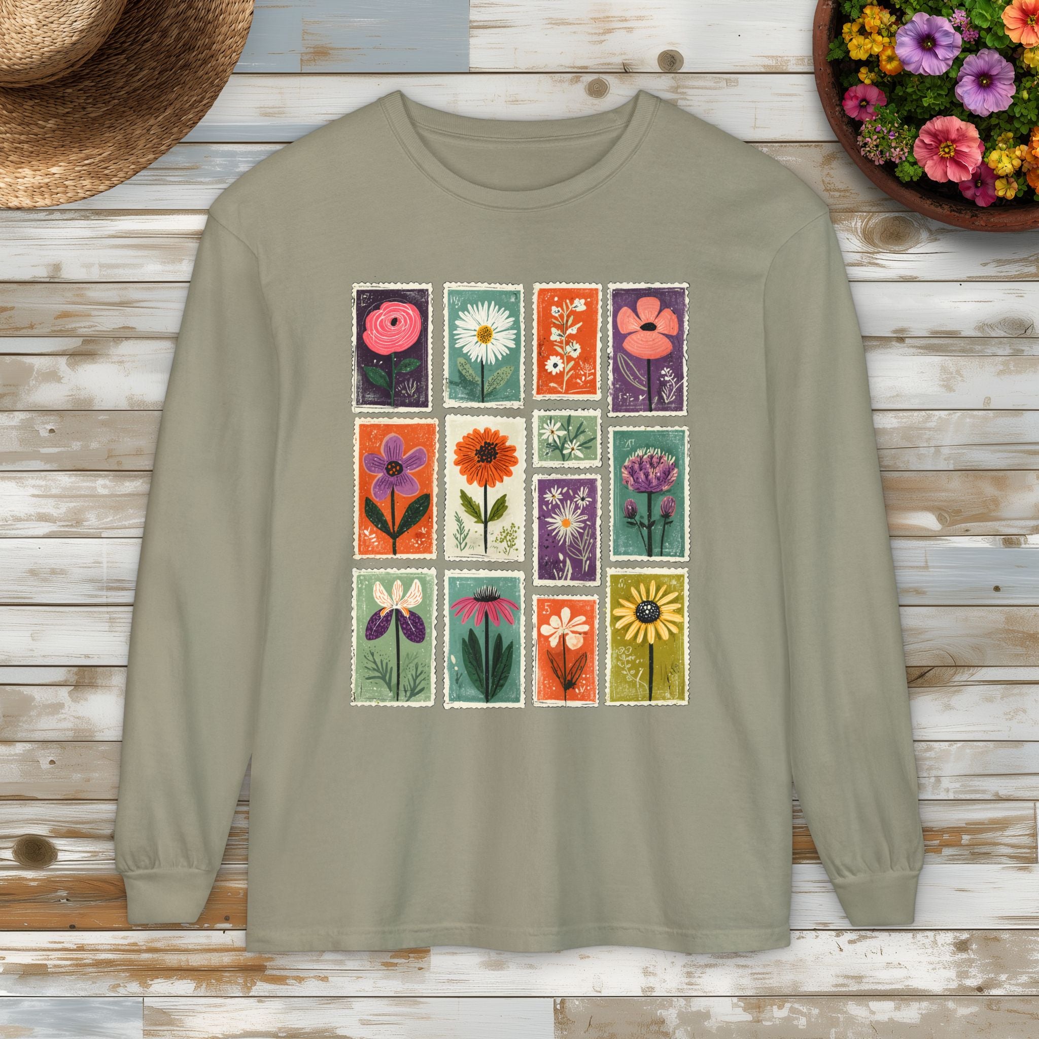 Floral Stamp Collage Long Sleeve Tee