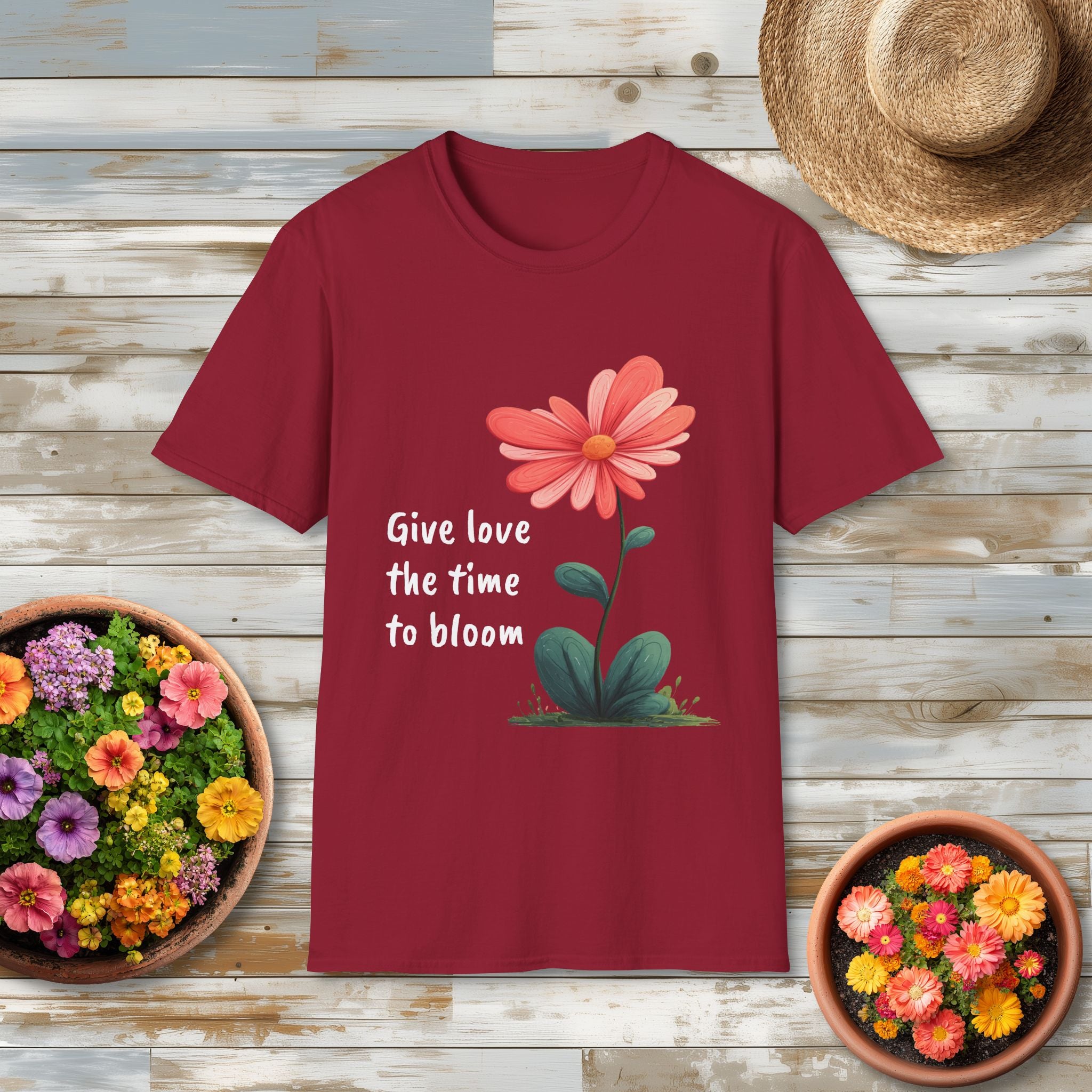 Give Love the Time to Bloom - Retro Cartoon Heart Flower T-Shirt