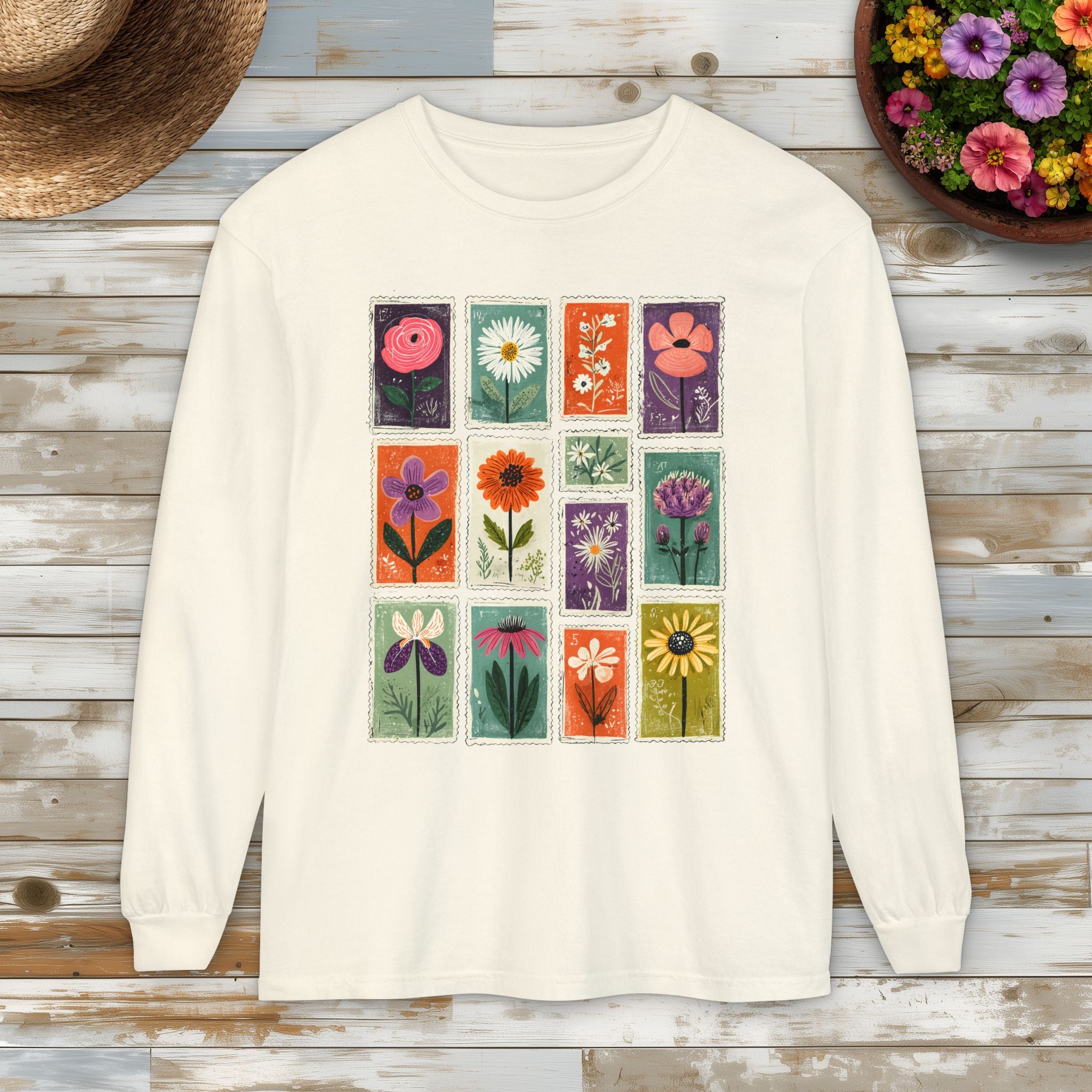 Floral Stamp Collage Long Sleeve Tee