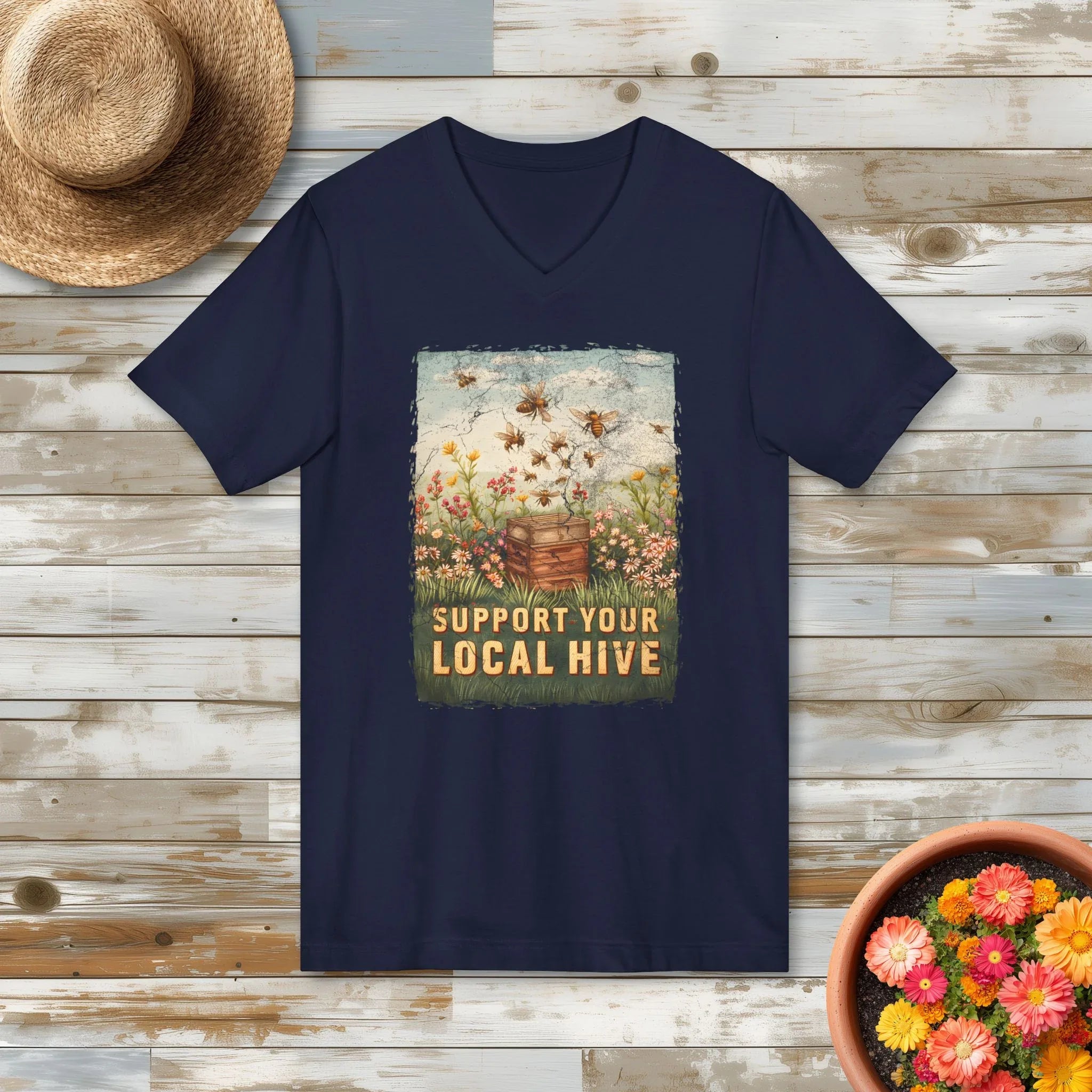 Vintage Support Your Local Hive Bee Lover V-Neck Tee