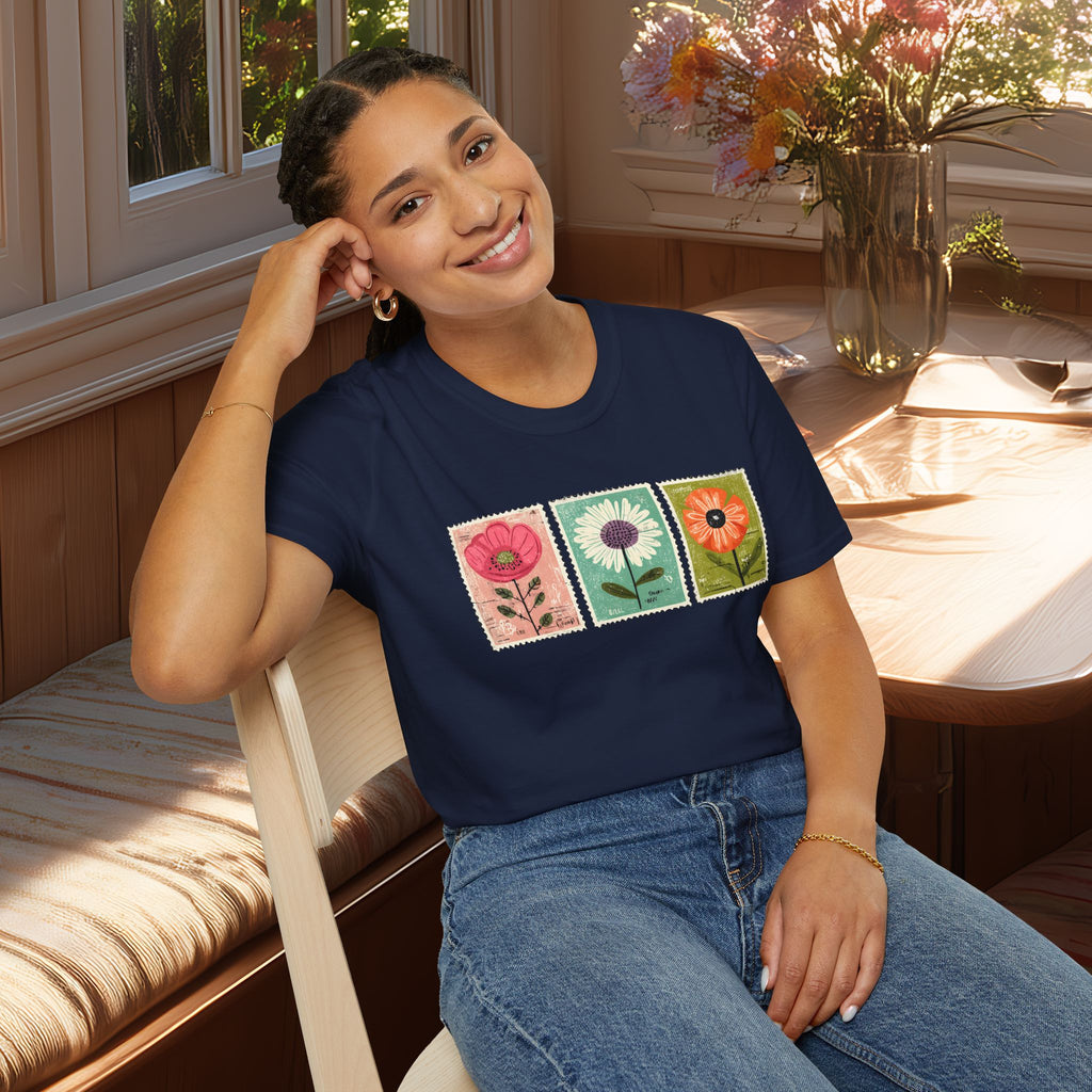 Charming Floral Stamp Trio T-Shirt for Gardeners