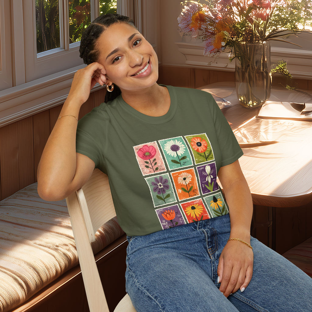 Whimsical Flower Stamp Collage T-Shirt for Gardeners
