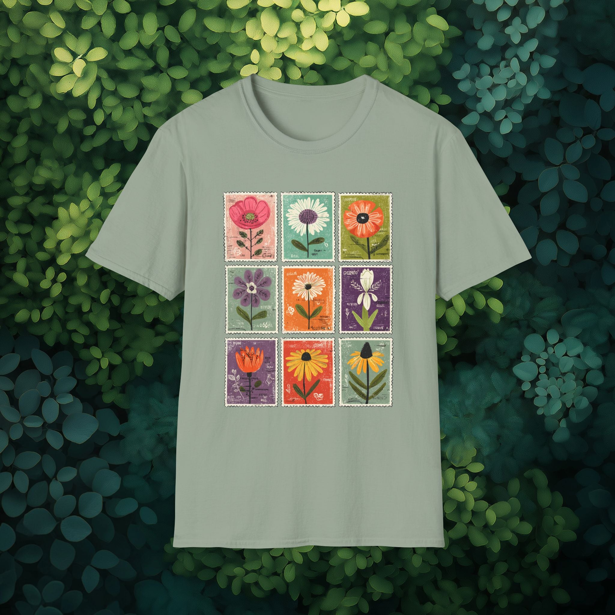 Whimsical Flower Stamp Collage T-Shirt for Gardeners