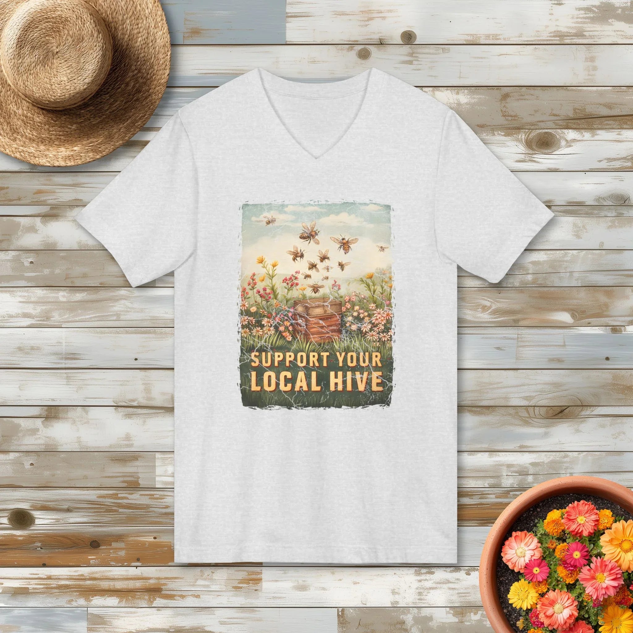Vintage Support Your Local Hive Bee Lover V-Neck Tee