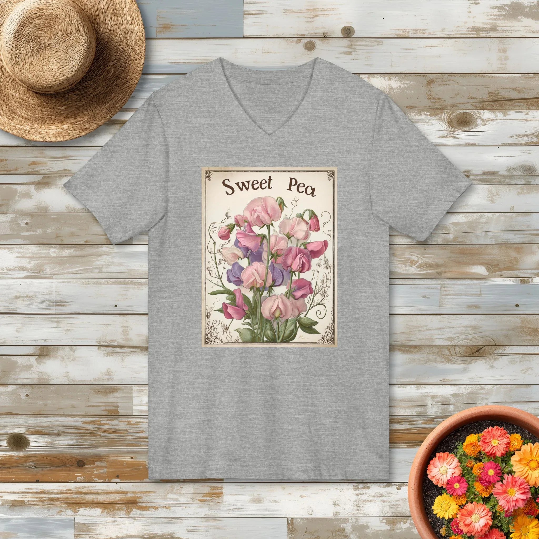 Sweet Pea Vintage Seed Packet V-Neck Shirt