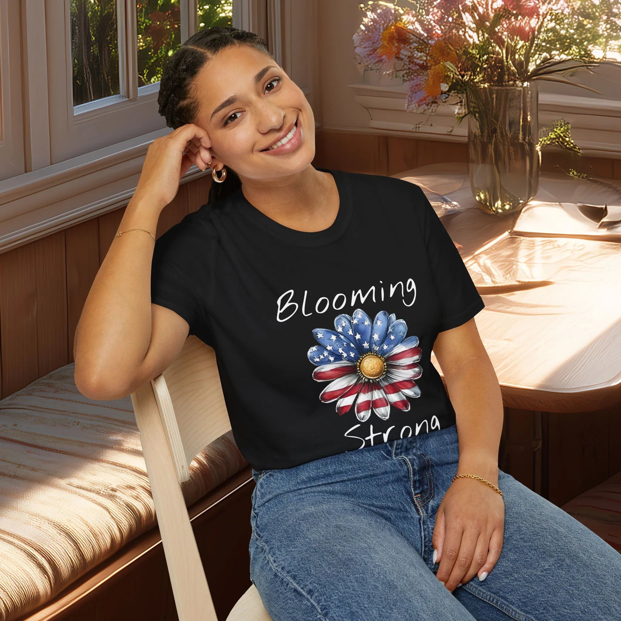 Blooming Strong T-Shirt – Patriotic Daisy Floral Design