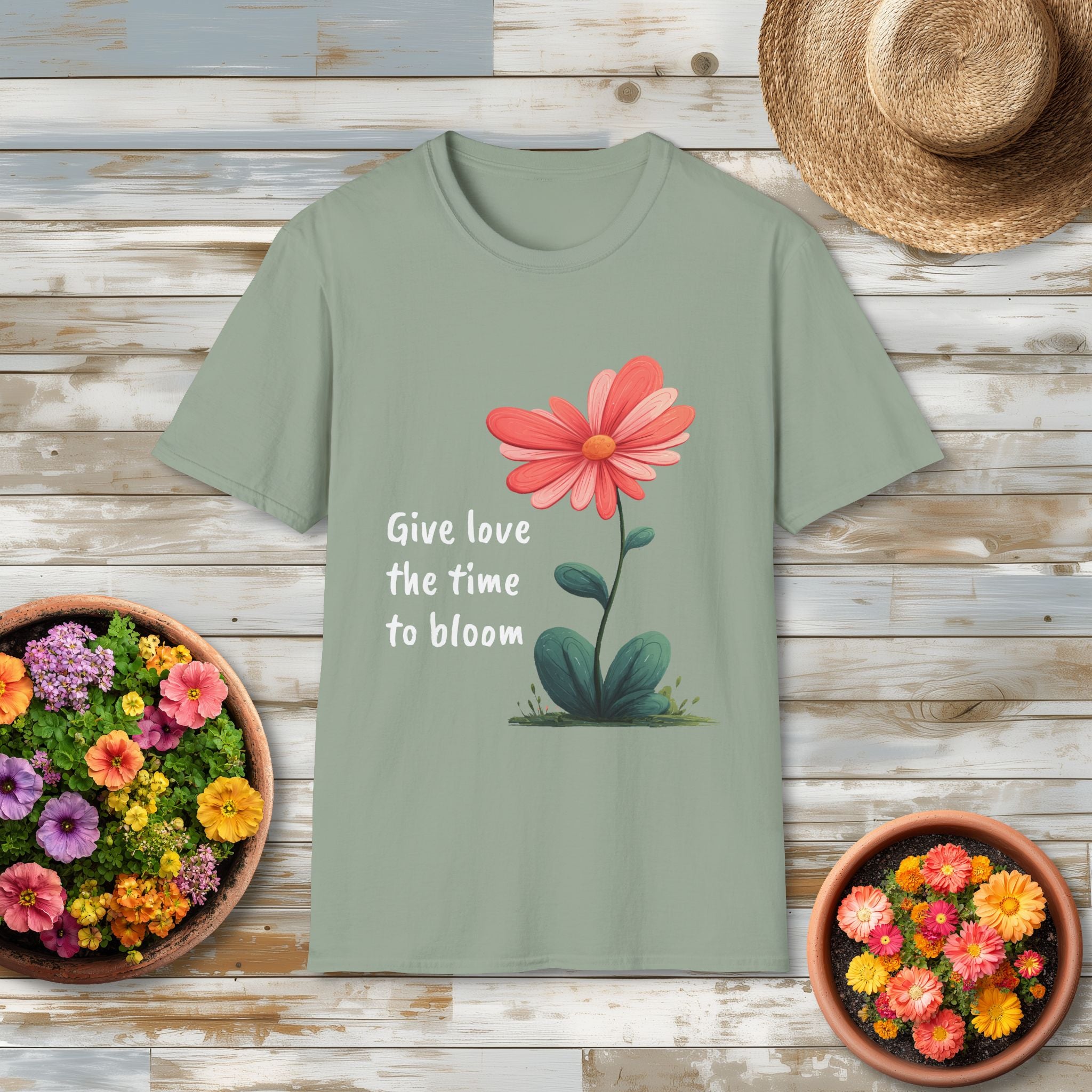 Give Love the Time to Bloom - Retro Cartoon Heart Flower T-Shirt