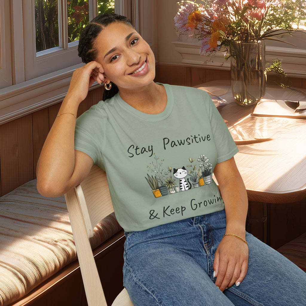 Stay Pawsitive & Keep Growing Cat and Plants T-Shirt
