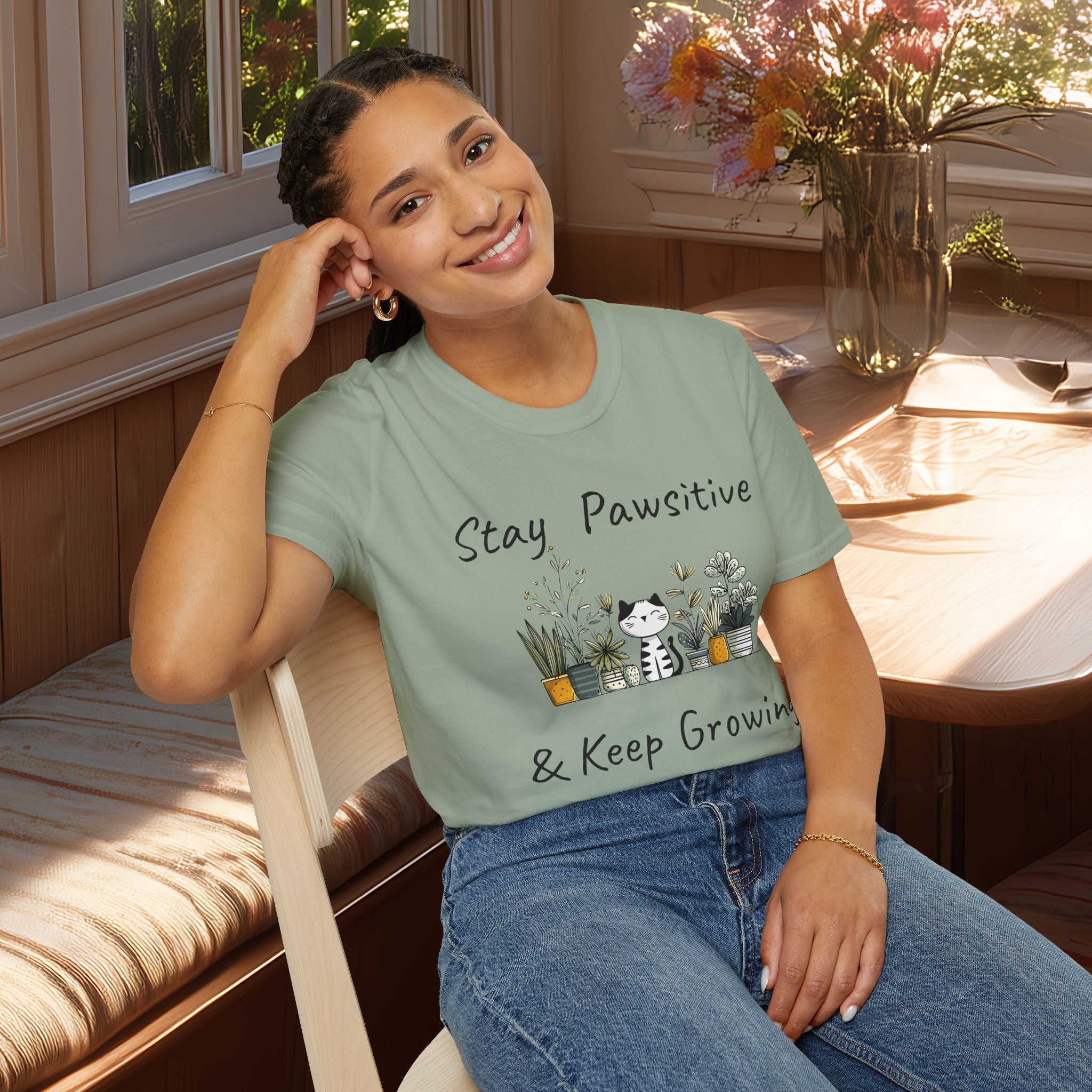 Stay Pawsitive & Keep Growing Cat and Plants T-Shirt