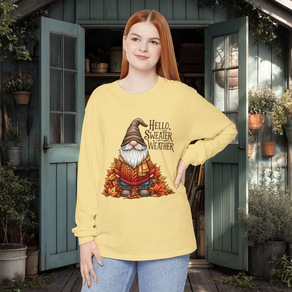 Hello Sweater Weather Garden Gnome Long Sleeve Tee