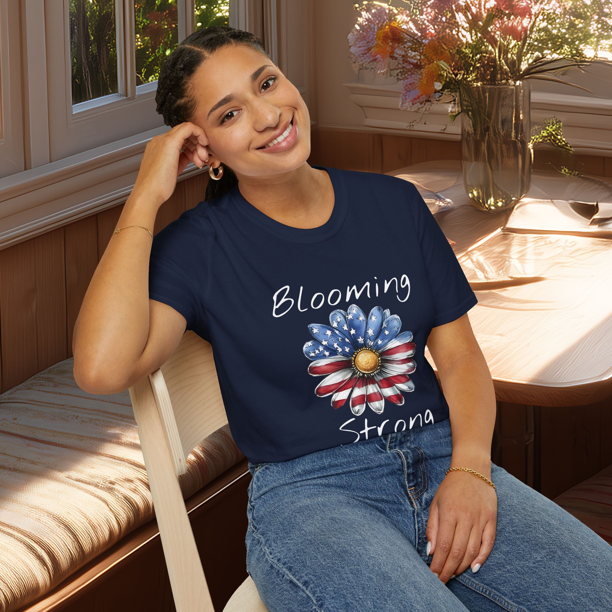 Blooming Strong T-Shirt – Patriotic Daisy Floral Design