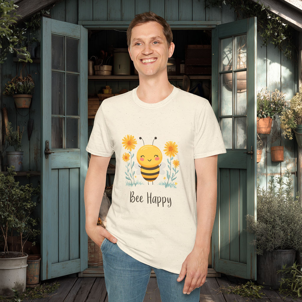 Cartoon Bee Happy Unisex T-Shirt for Gardeners, Nature Lovers, Bee Enthusiasts