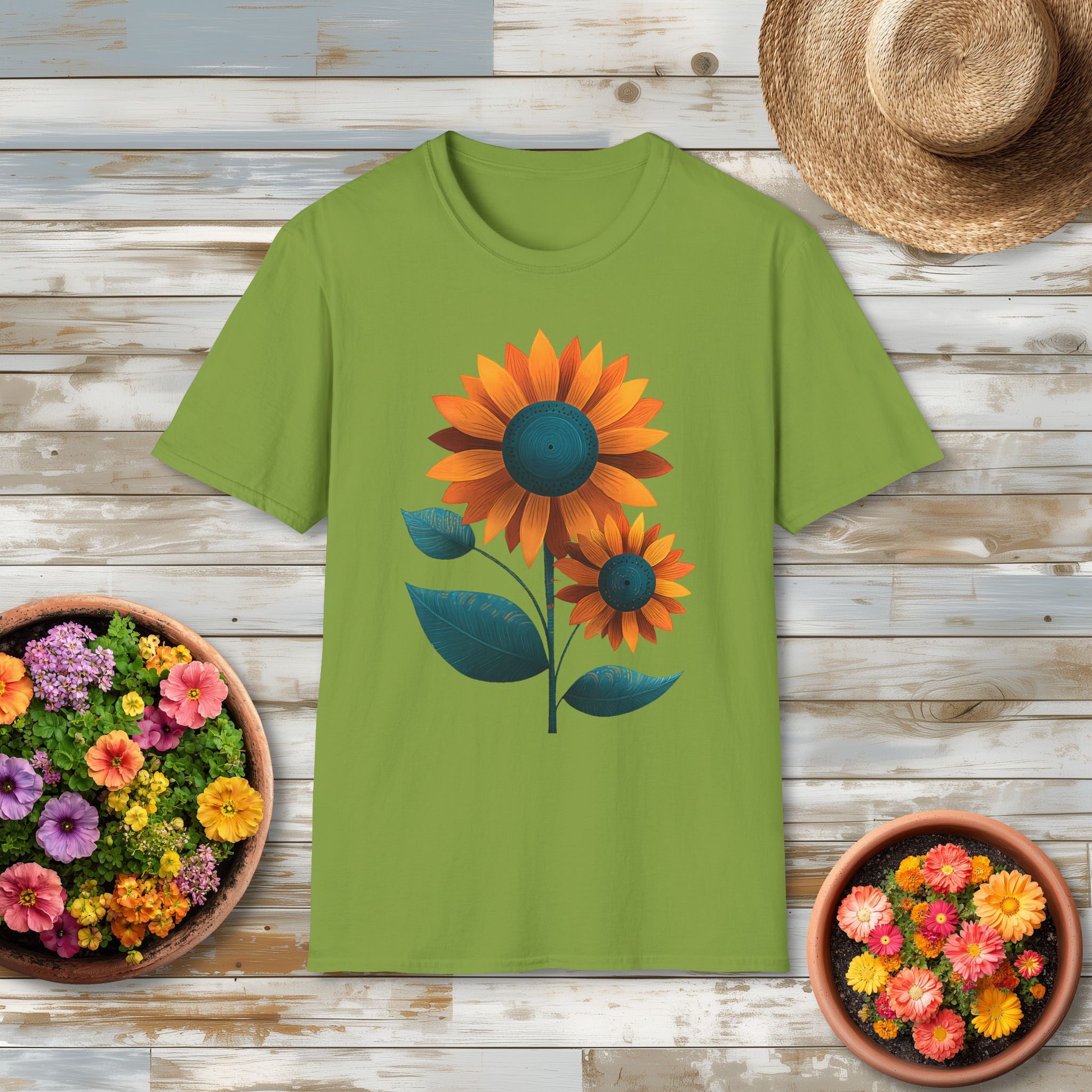 Minimalist Sunflower Duo T-Shirt – Modern Garden Style