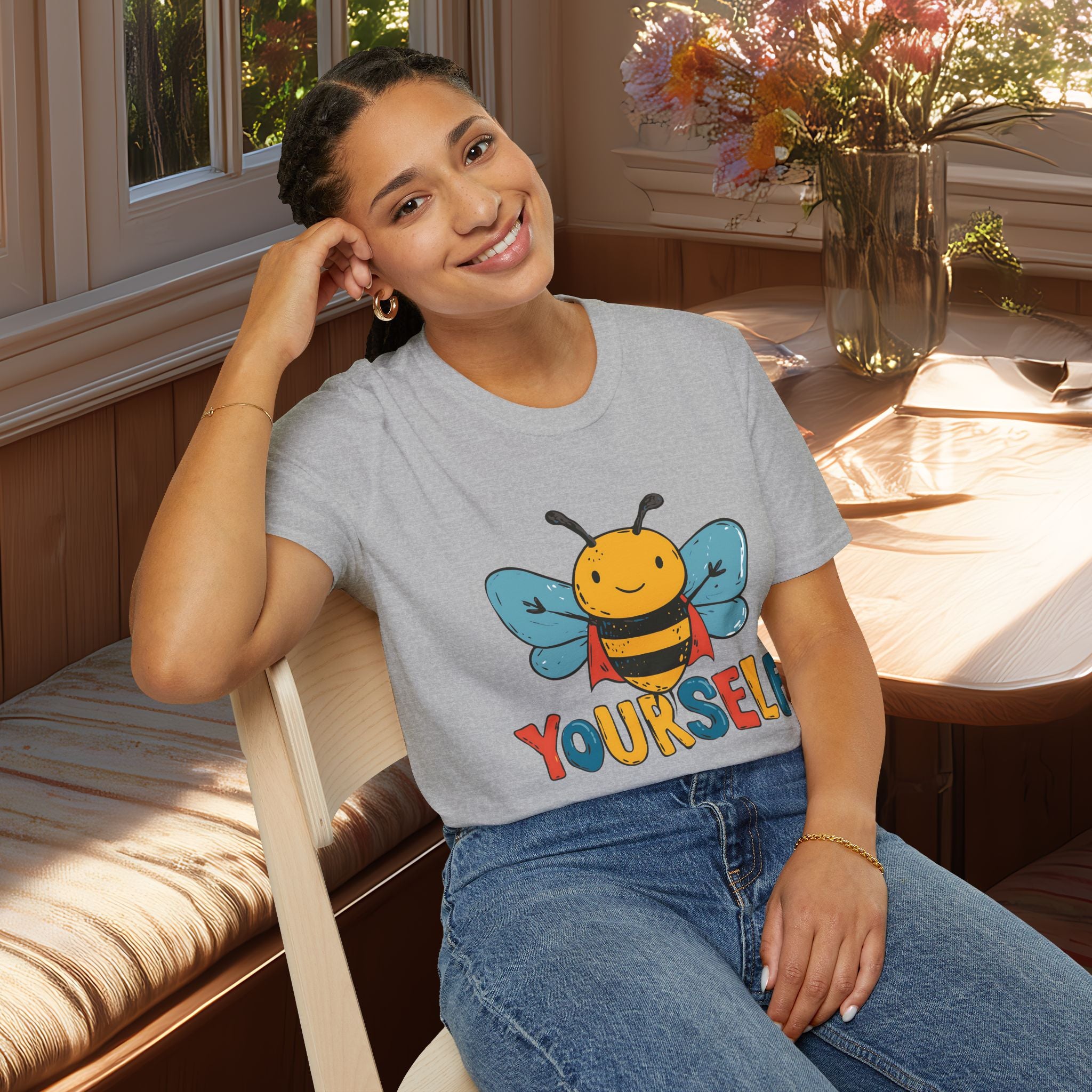 Cartoon Bee Yourself Unisex T-Shirt for Gardeners, Nature Lovers, Yoga Enthusiasts