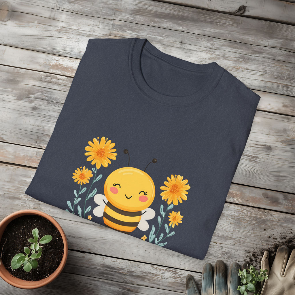 Cartoon Bee Happy Unisex T-Shirt for Gardeners, Nature Lovers, Bee Enthusiasts