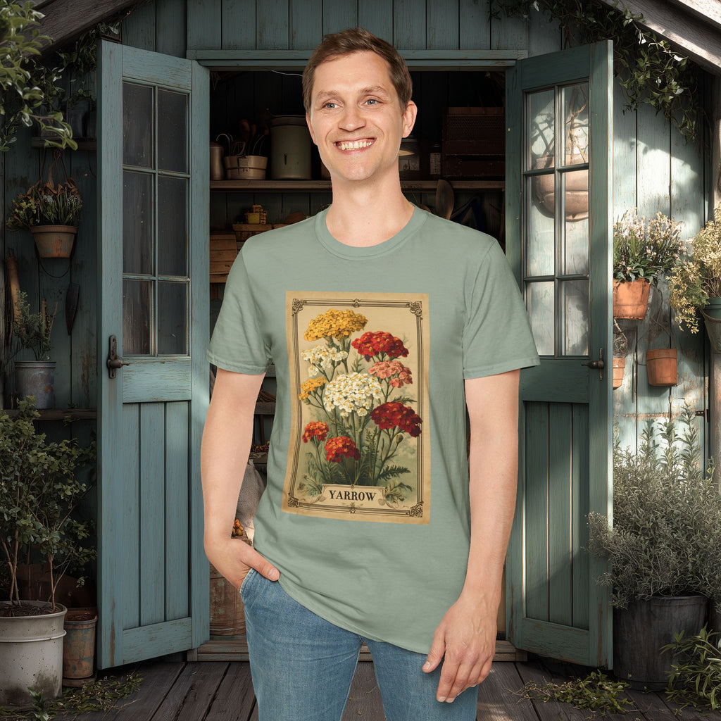 Retro Yarrow Seed Packet Unisex T-Shirt for Gardeners, Nature Lovers, Summer Casual Wear