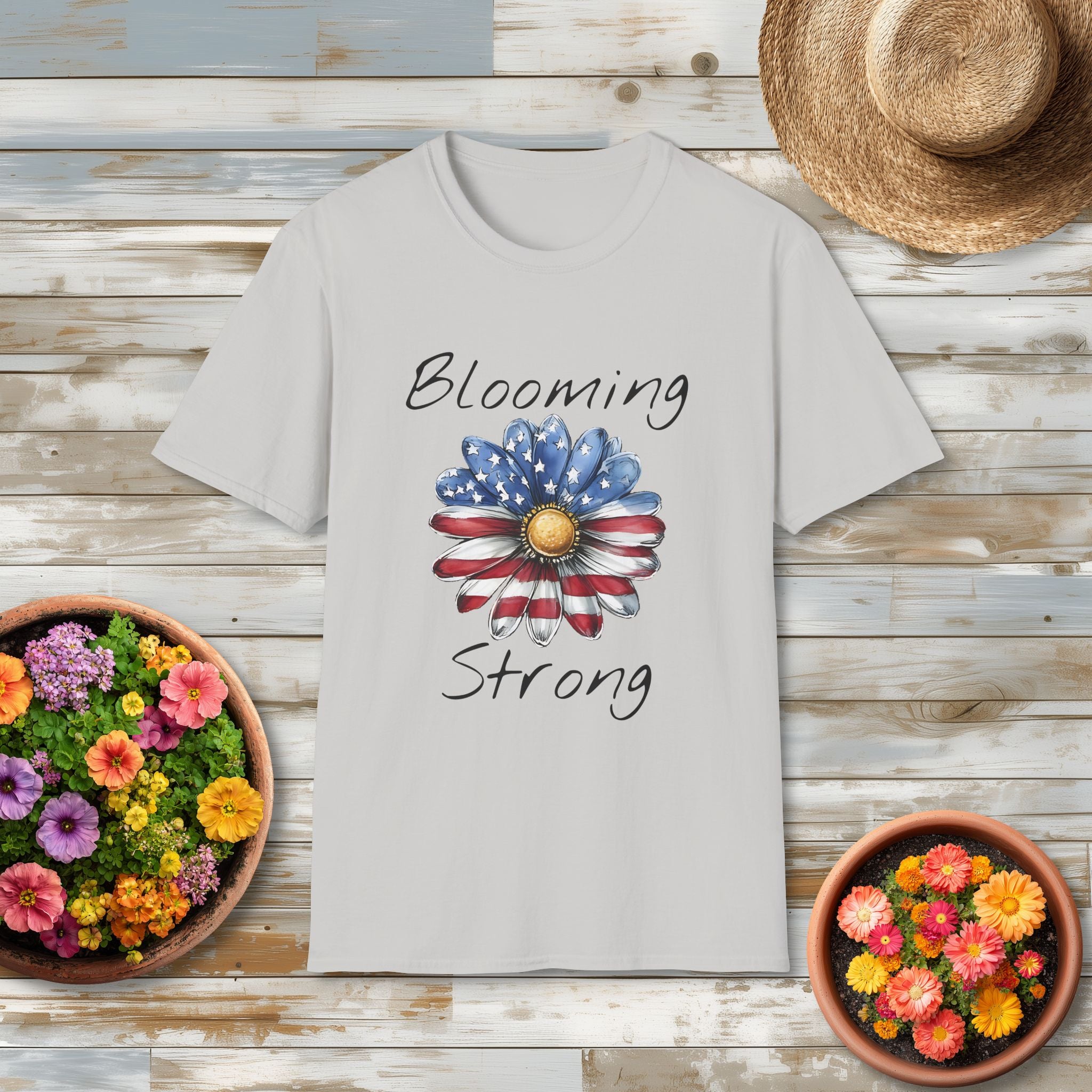 Blooming Strong T-Shirt – Patriotic Daisy Floral Design