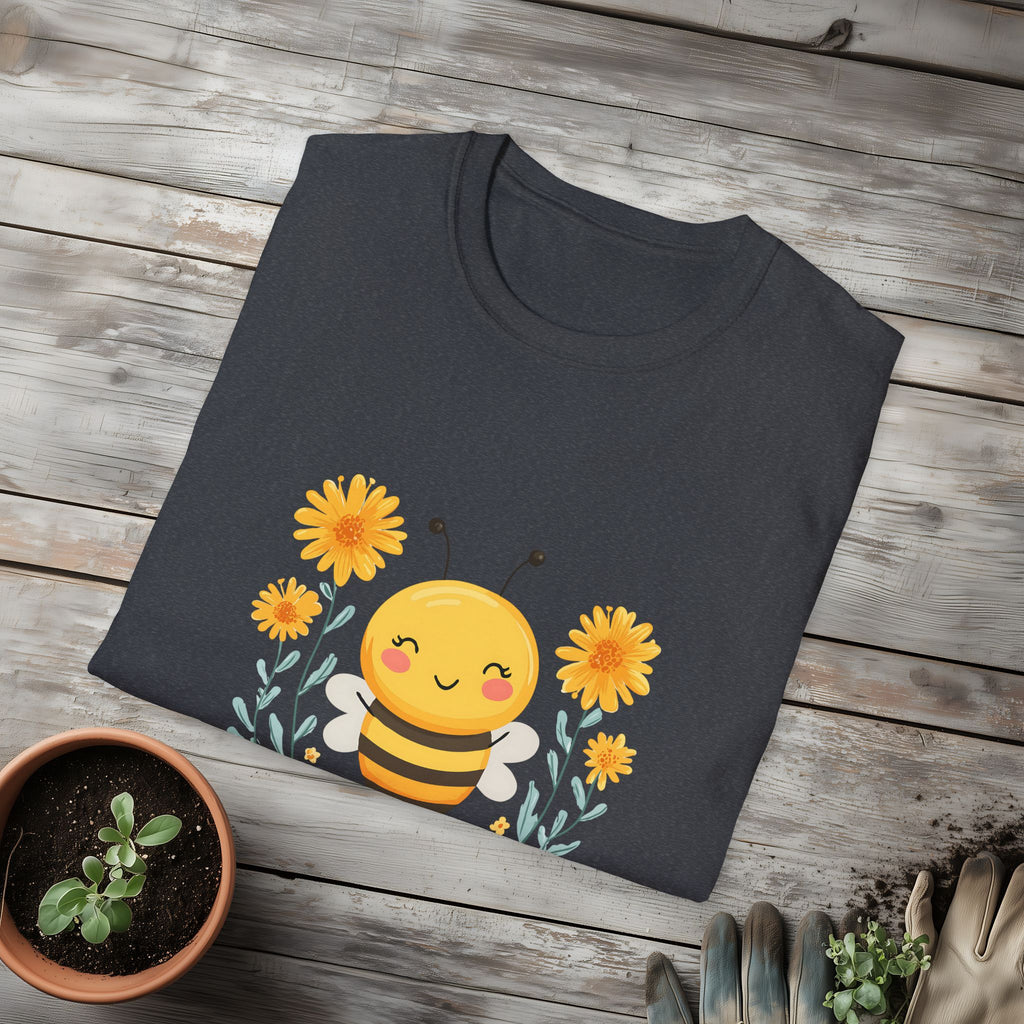 Cartoon Bee Happy Unisex T-Shirt for Gardeners, Nature Lovers, Bee Enthusiasts