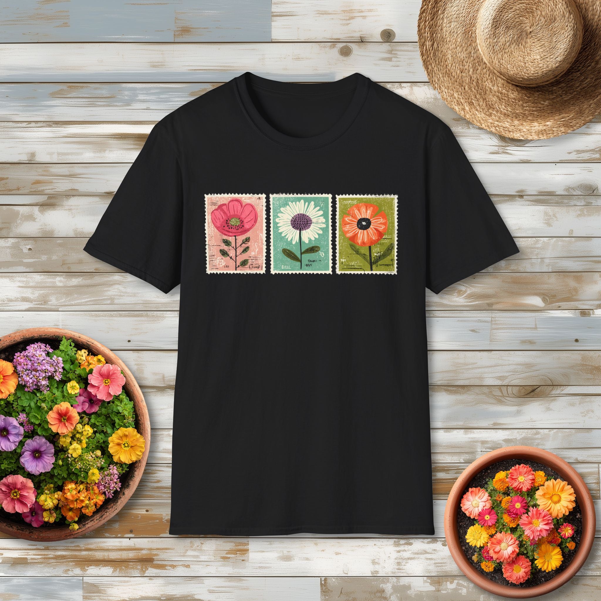 Charming Floral Stamp Trio T-Shirt for Gardeners