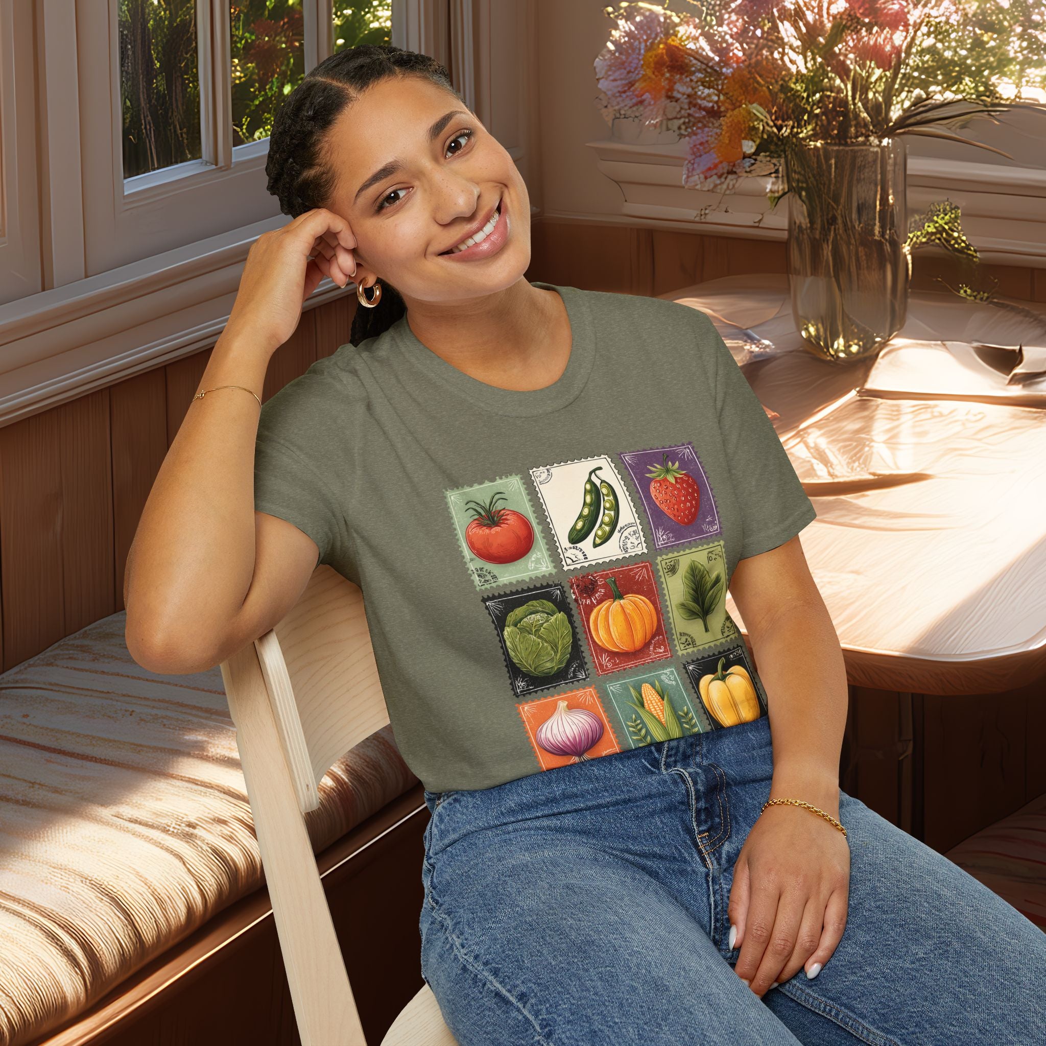 Vintage Garden Vegetable Stamp Collage T-Shirt for Gardeners