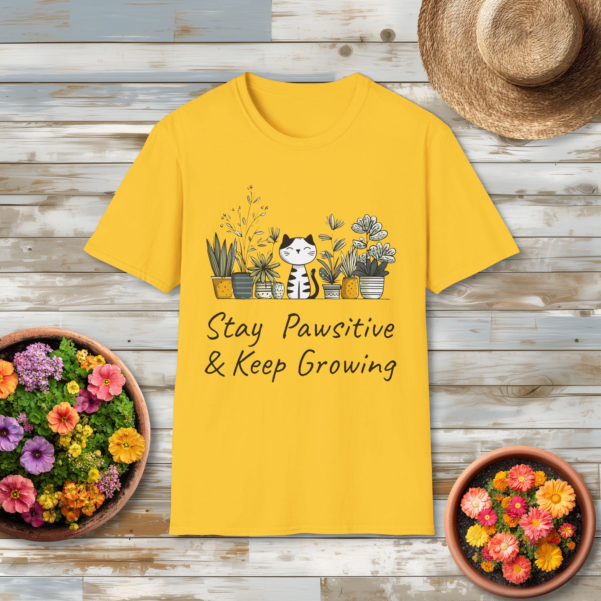 Stay Pawsitive & Keep Growing Cat and Plants T-Shirt