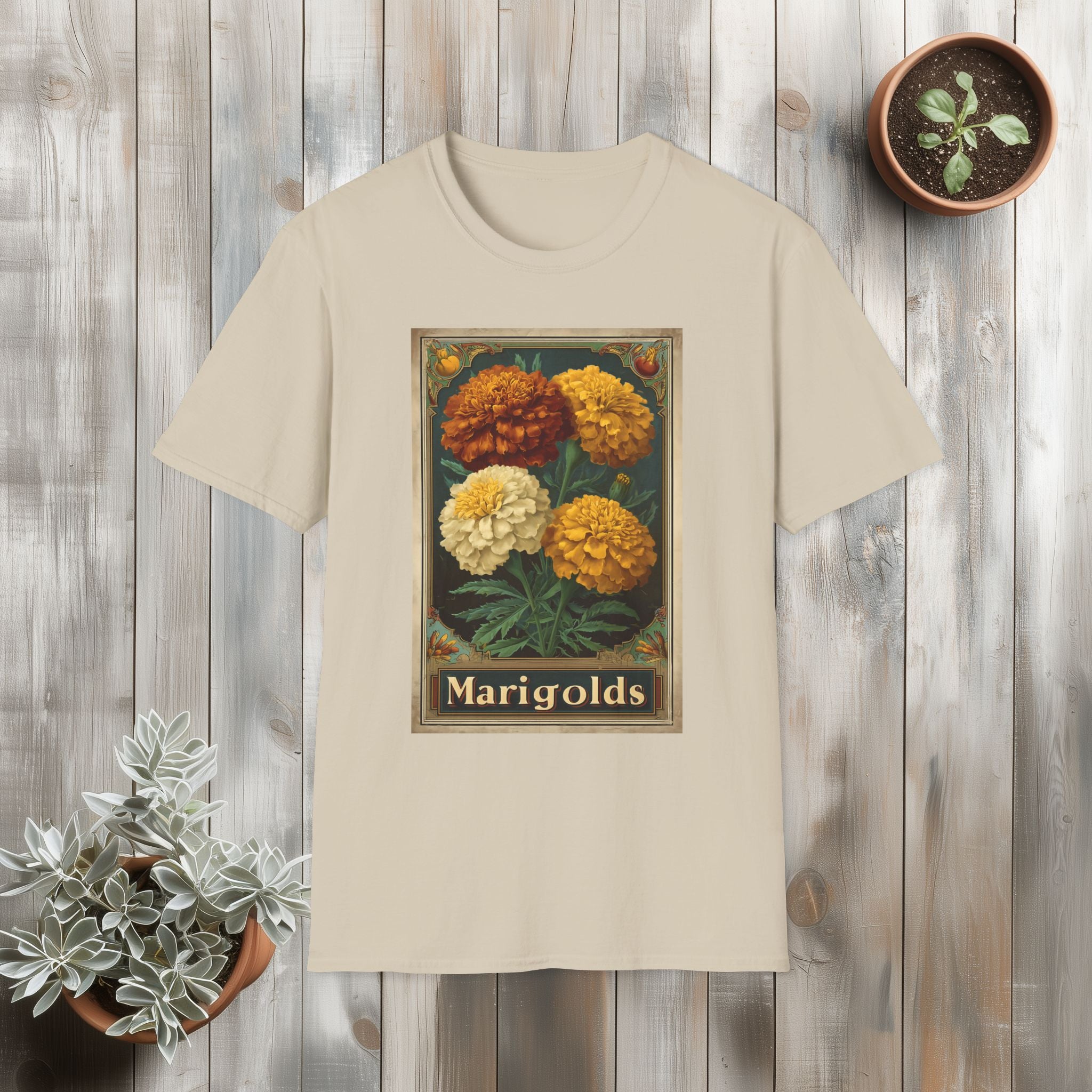 Vintage Marigolds Seed Packet Unisex T-Shirt for Gardeners, Nature Lovers