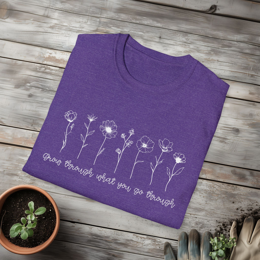 Grow Through What You Go Through Motivational Wildflower Line Art T-Shirt