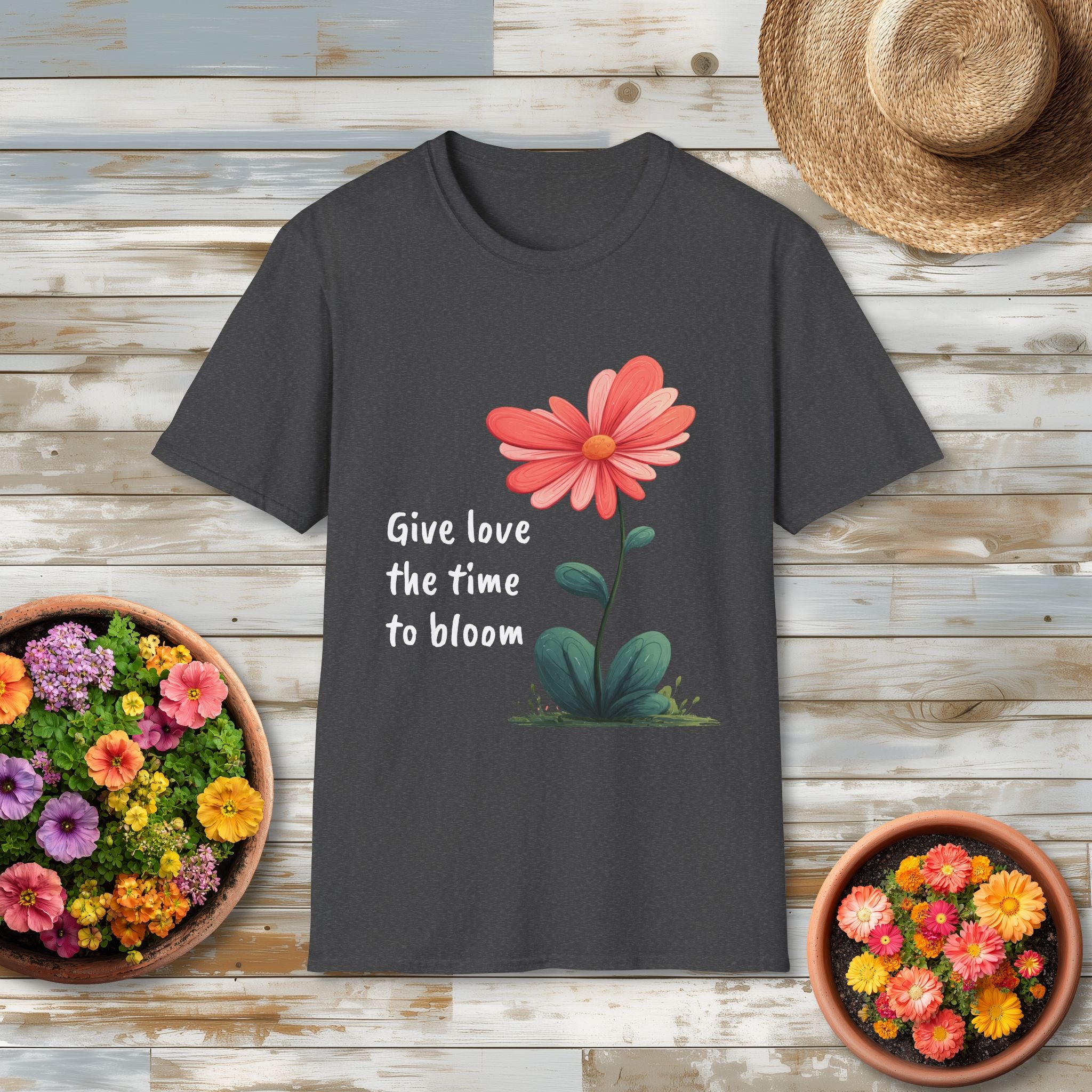 Give Love the Time to Bloom - Retro Cartoon Heart Flower T-Shirt