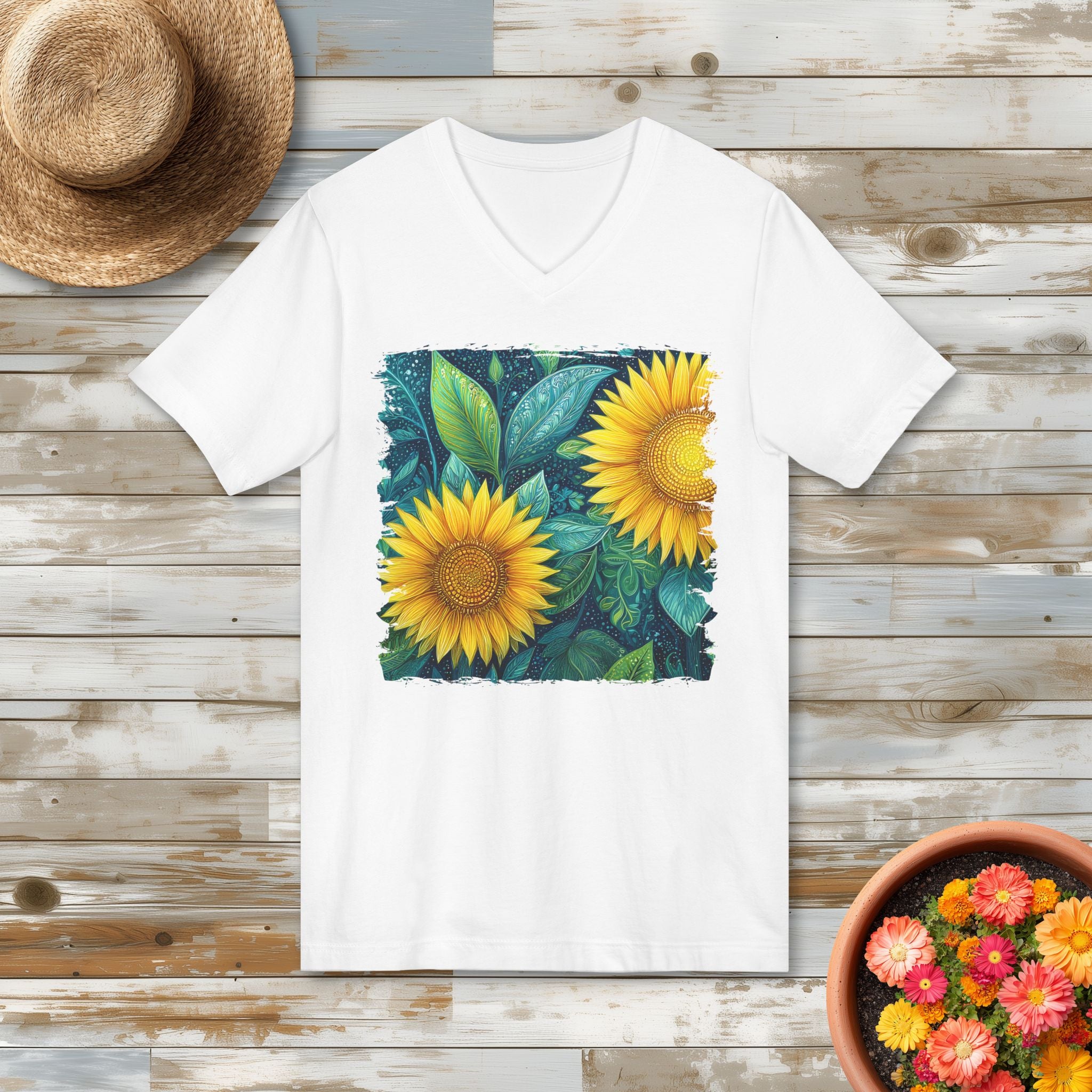 Whimsical Sunflowers V-Neck T-Shirt