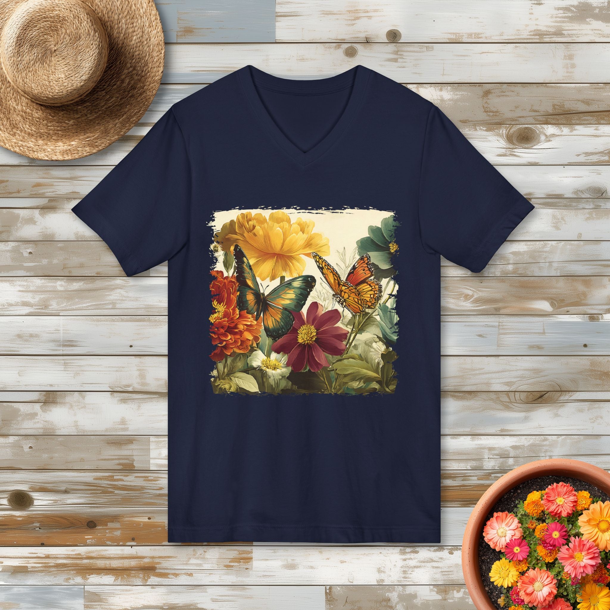 Butterflies & Blooms Retro Garden Flower V-Neck T-Shirt