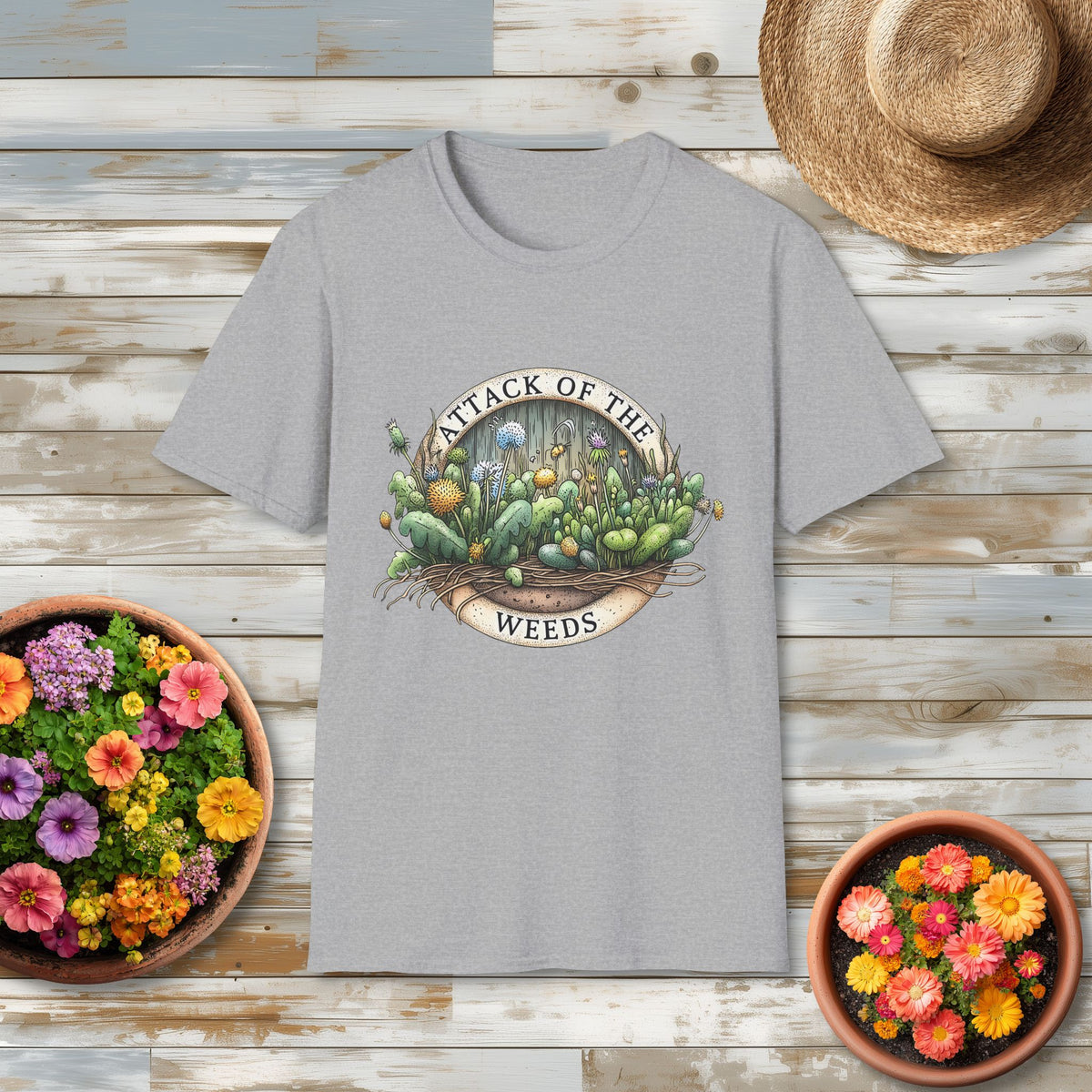 Attack of the Weeds T-Shirt – Retro Gardening Humor Emblem Tee