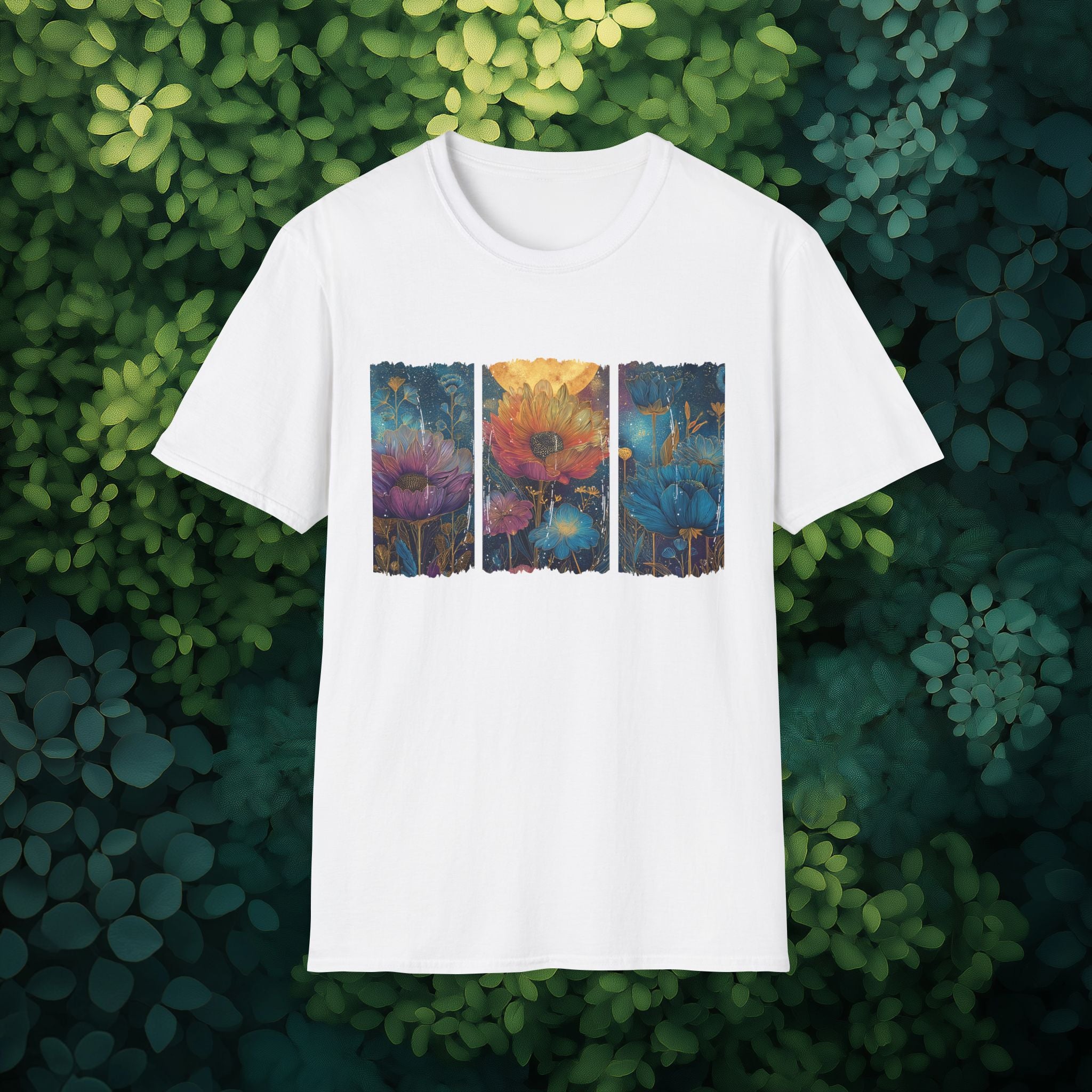 Floral  Brushstroke Triptych Unisex T-Shirt for Gardeners, Nature Lovers, Yoga Enthusiasts