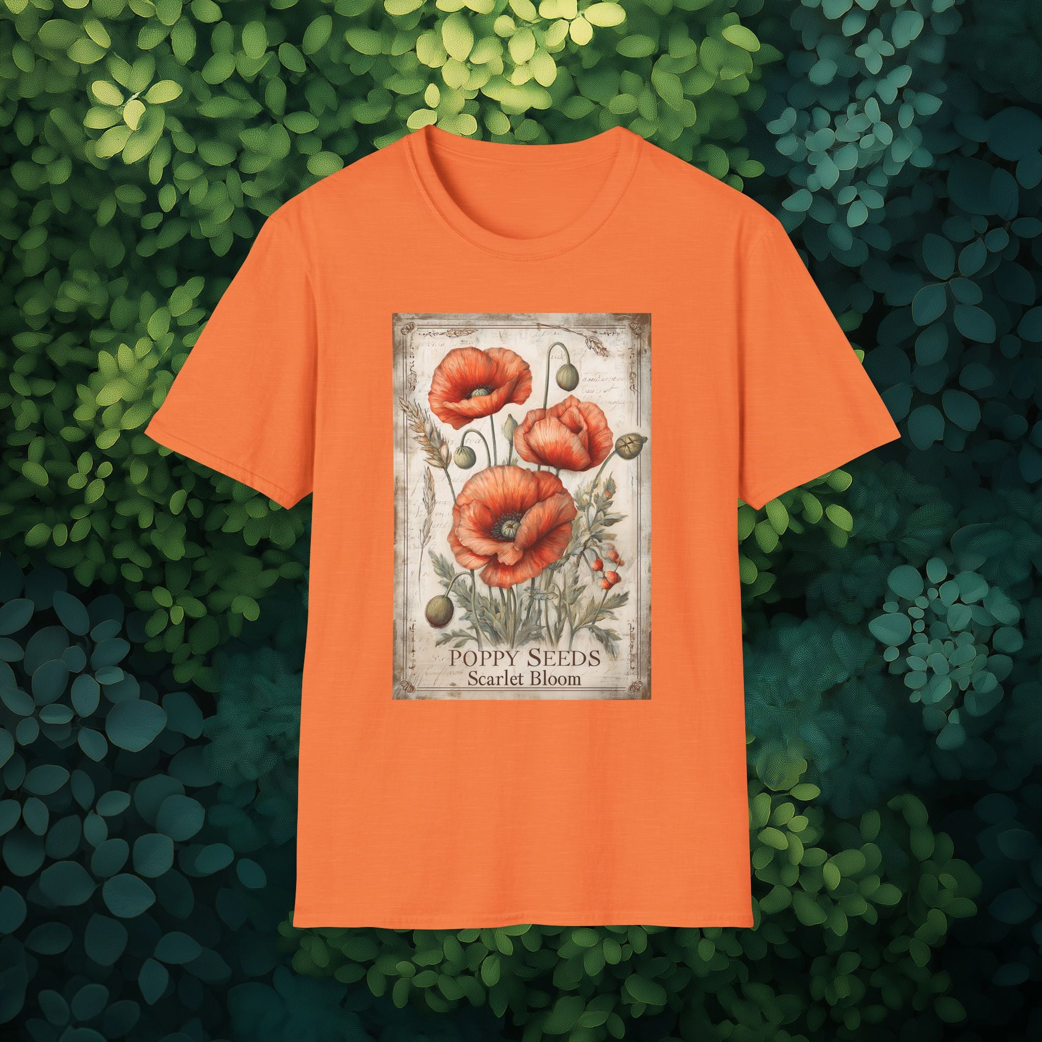 Vintage Scarlet Blooms Poppies Seed Packet Unisex T-Shirt for Gardeners, Nature Lovers, Summer Casual Wear