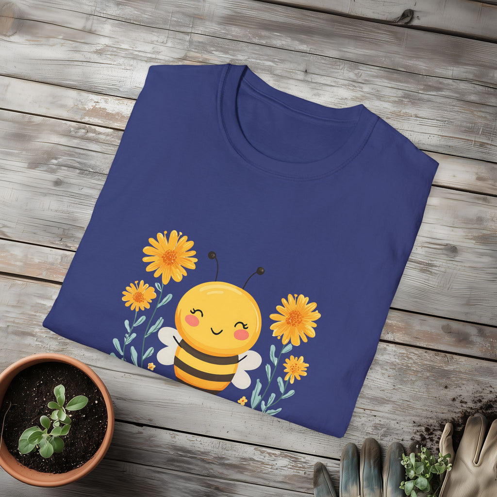 Cartoon Bee Happy Unisex T-Shirt for Gardeners, Nature Lovers, Bee Enthusiasts