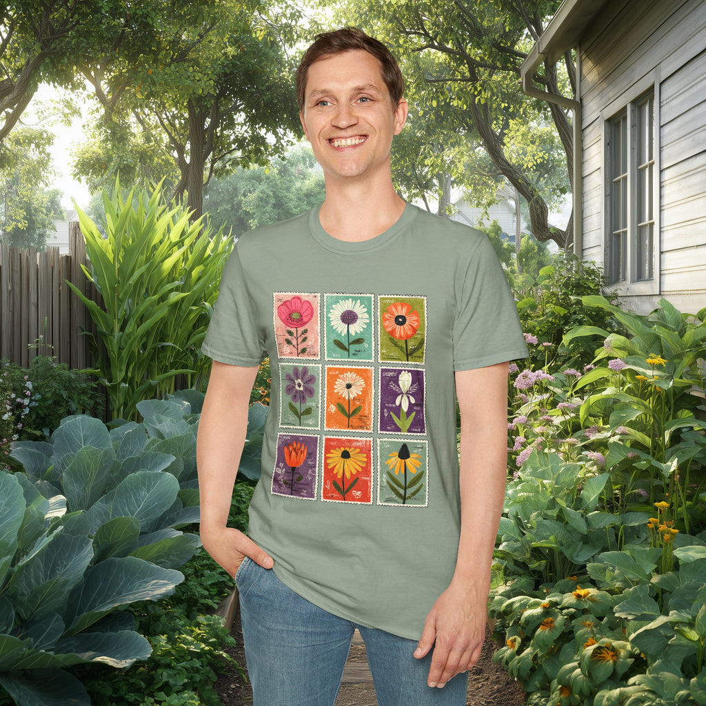 Whimsical Flower Stamp Collage T-Shirt for Gardeners
