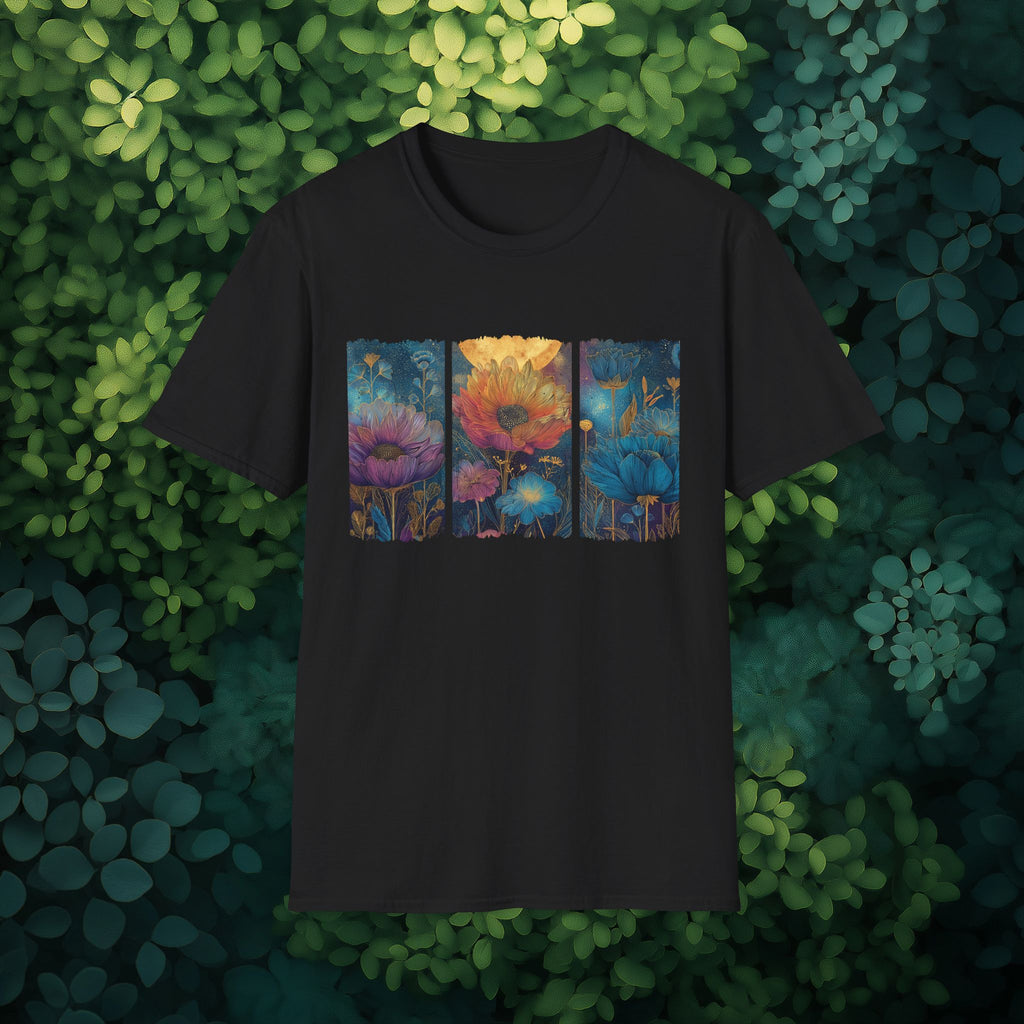 Floral  Brushstroke Triptych Unisex T-Shirt for Gardeners, Nature Lovers, Yoga Enthusiasts