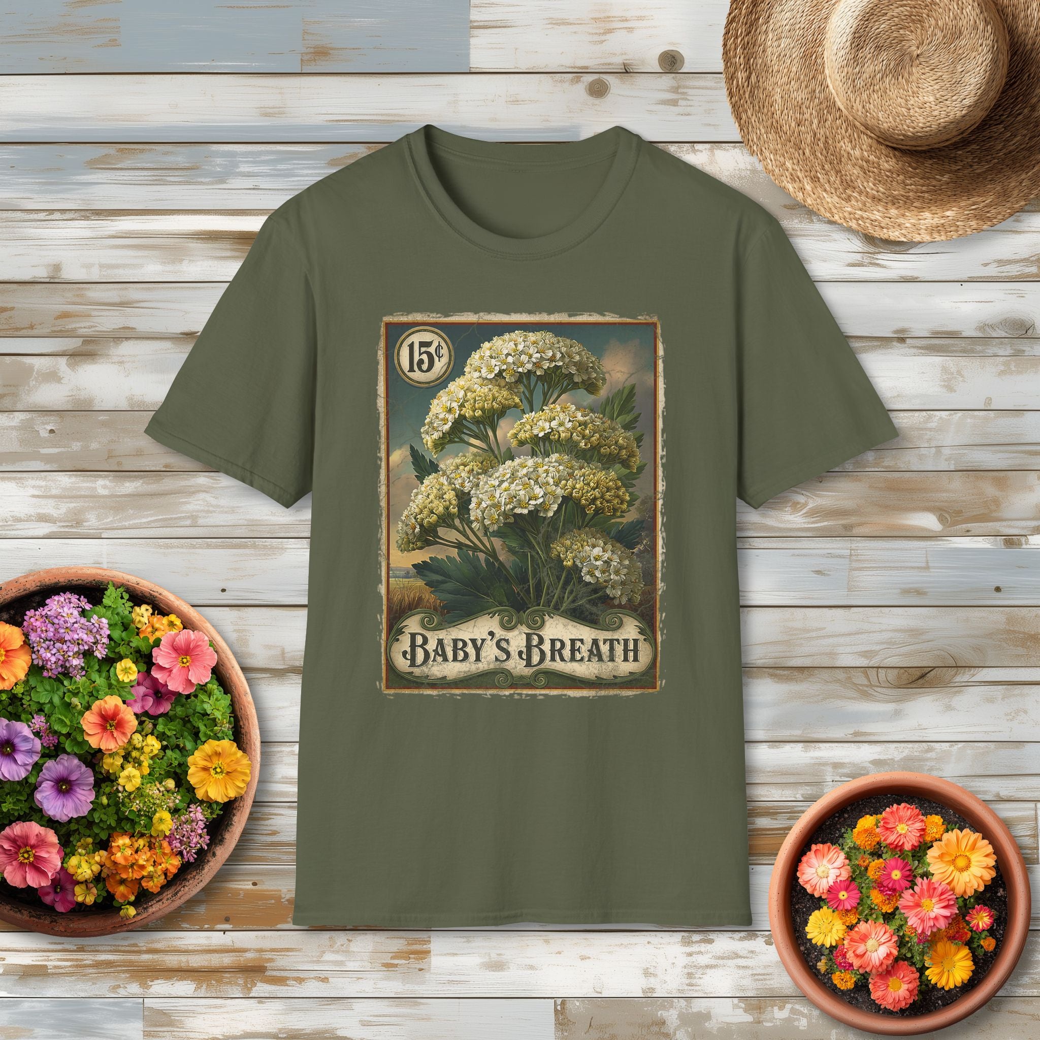 Baby's Breath Seed Packet Vintage Floral T-Shirt for Gardeners