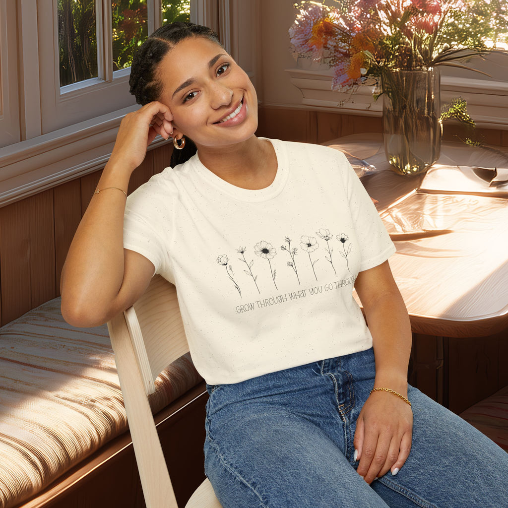 Wildflower Line Art Grow Through What You Go Through Motivational T-Shirt