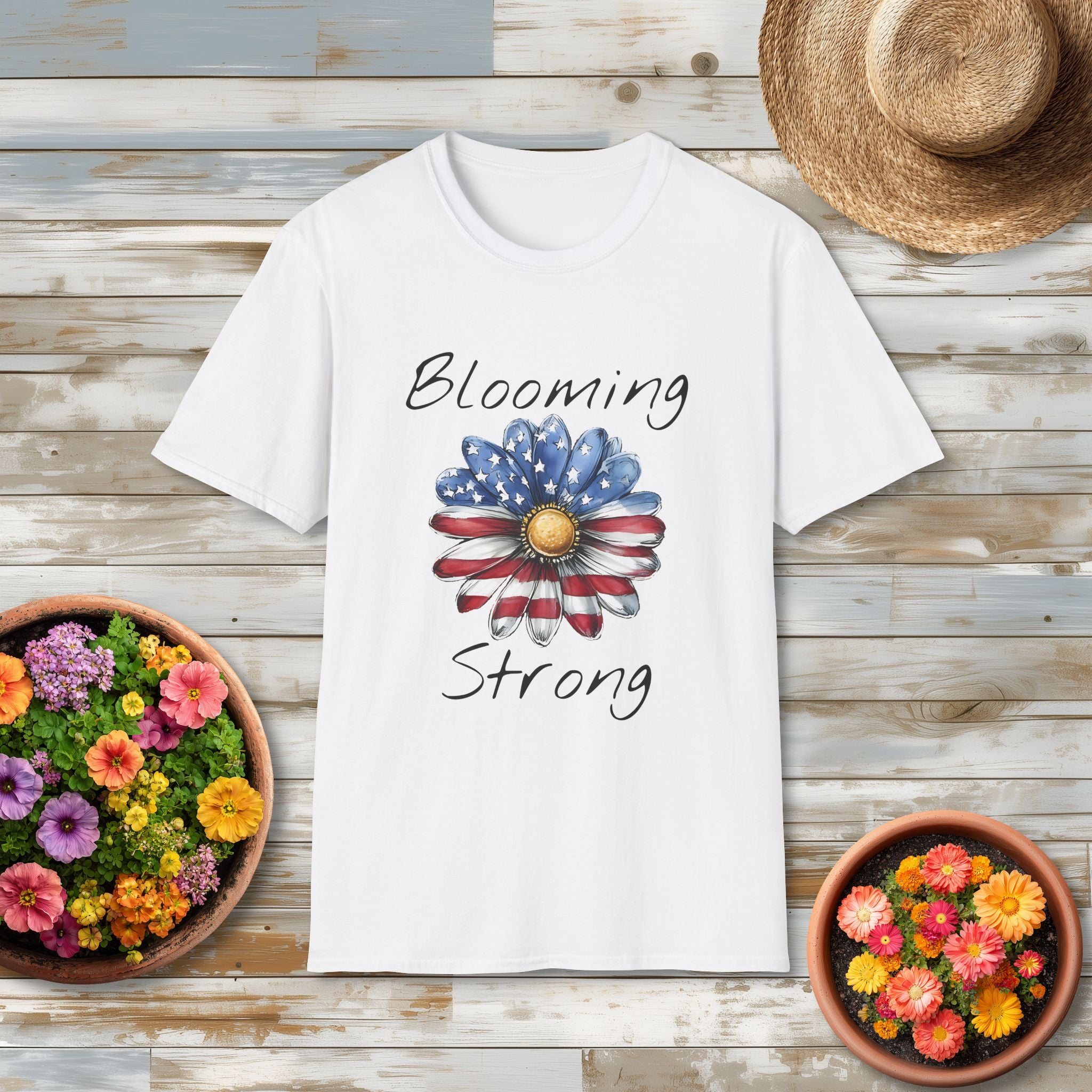Blooming Strong T-Shirt – Patriotic Daisy Floral Design