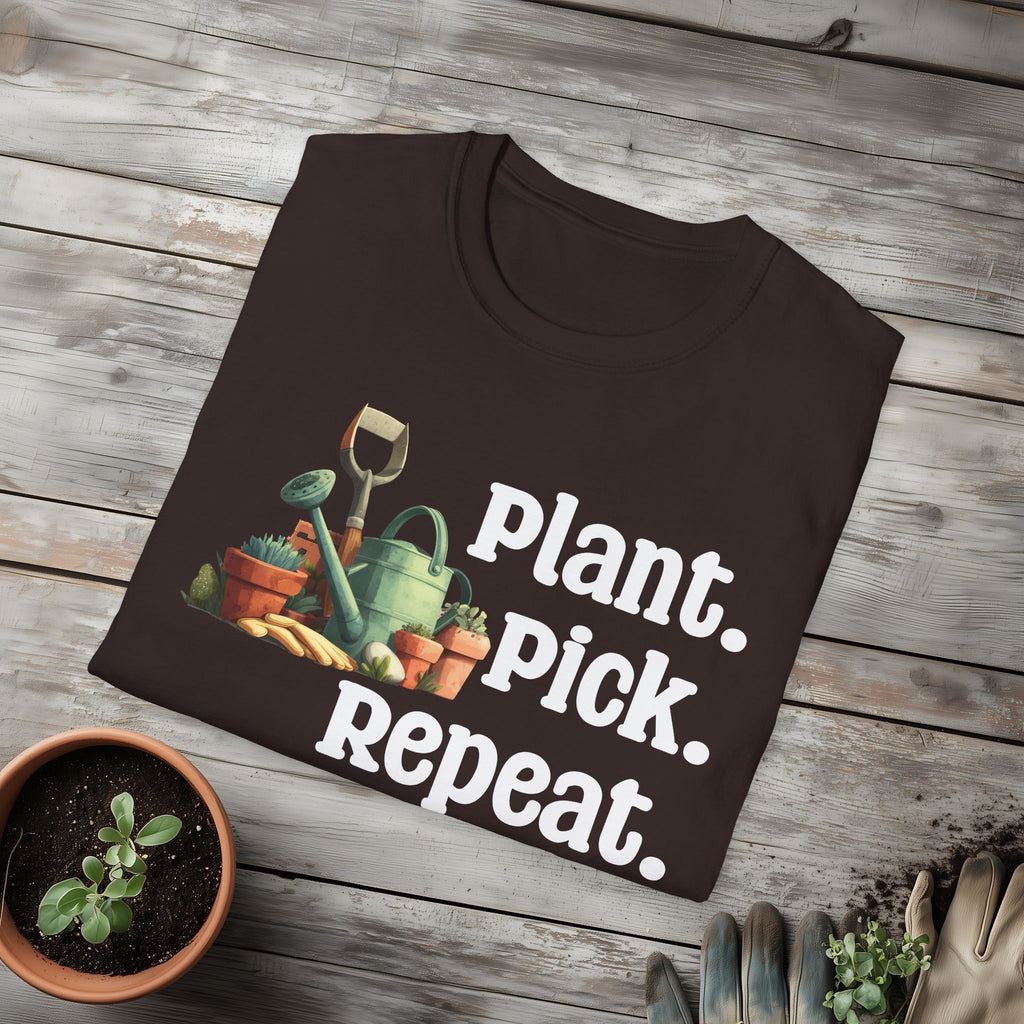 Plant Pick Repeat, Cartoon Gardener T-Shirt