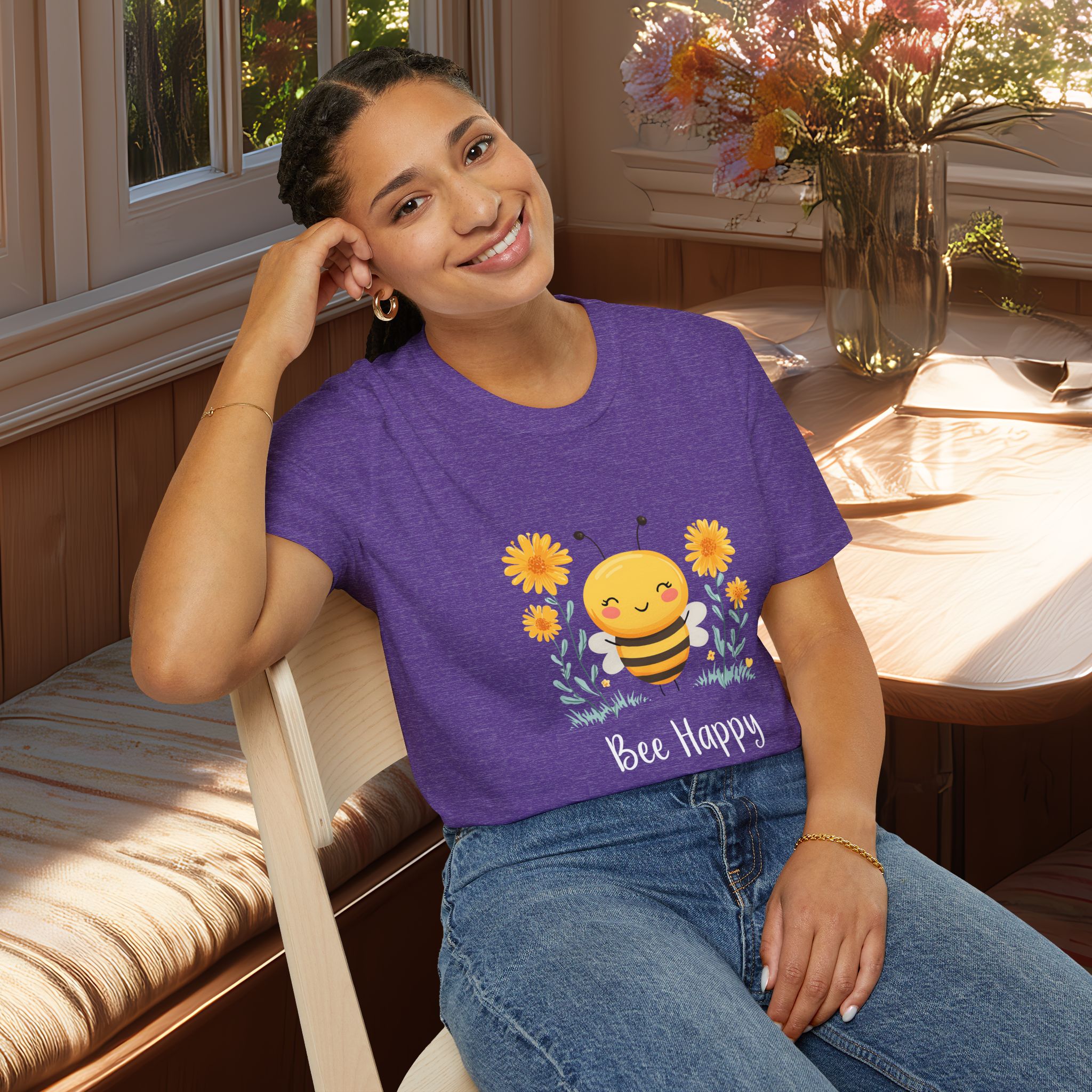 Cartoon Bee Happy Unisex T-Shirt for Gardeners, Nature Lovers, Bee Enthusiasts