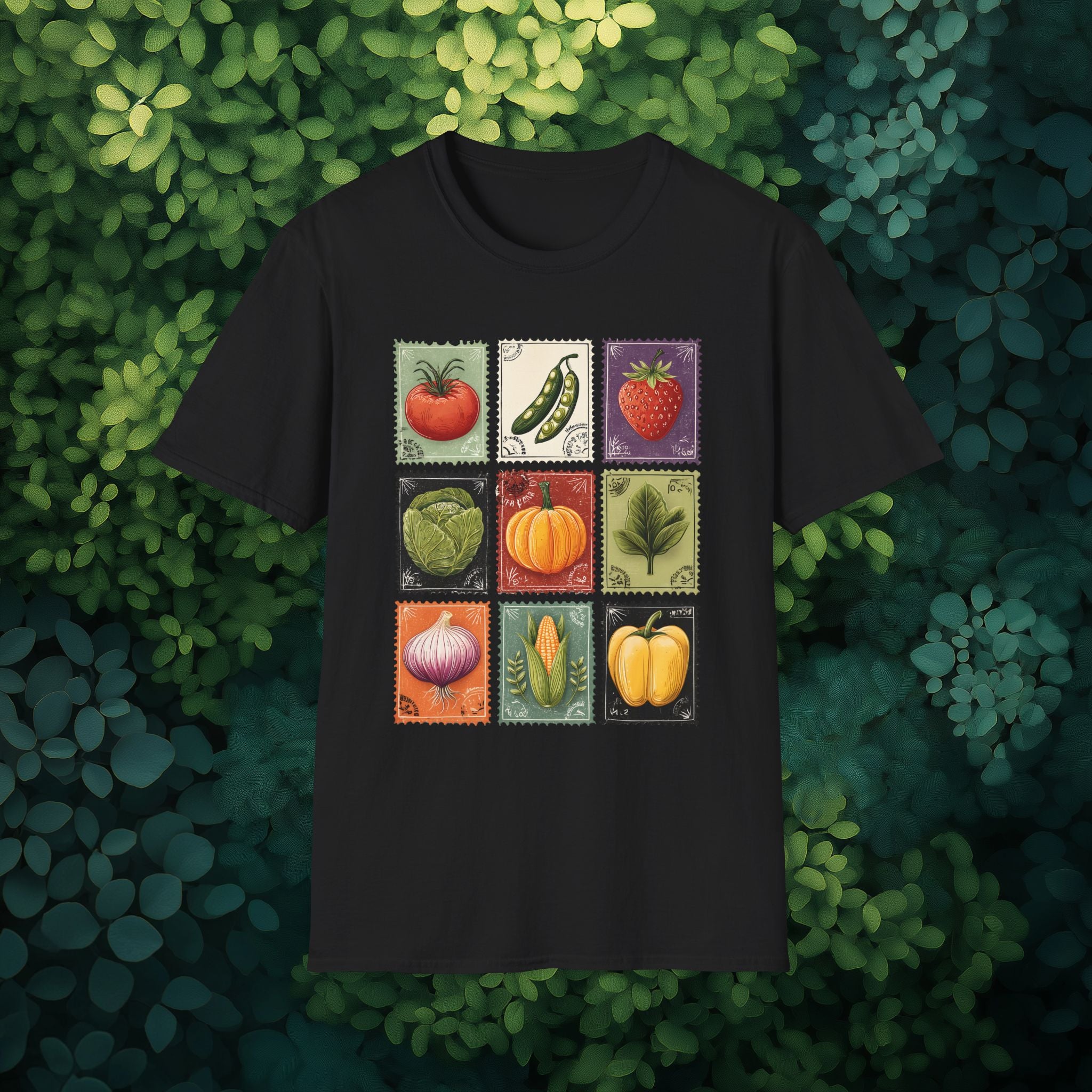 Vintage Garden Vegetable Stamp Collage T-Shirt for Gardeners