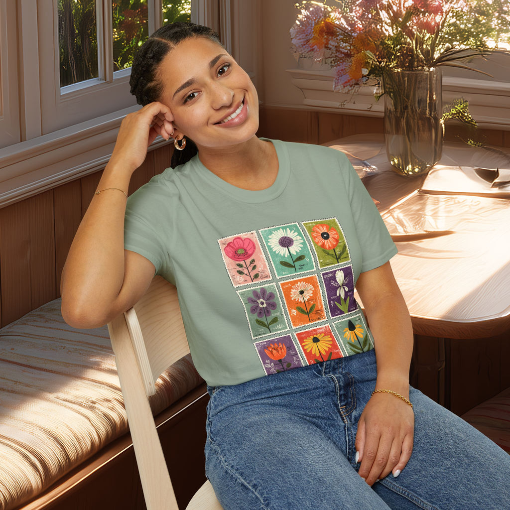 Whimsical Flower Stamp Collage T-Shirt for Gardeners