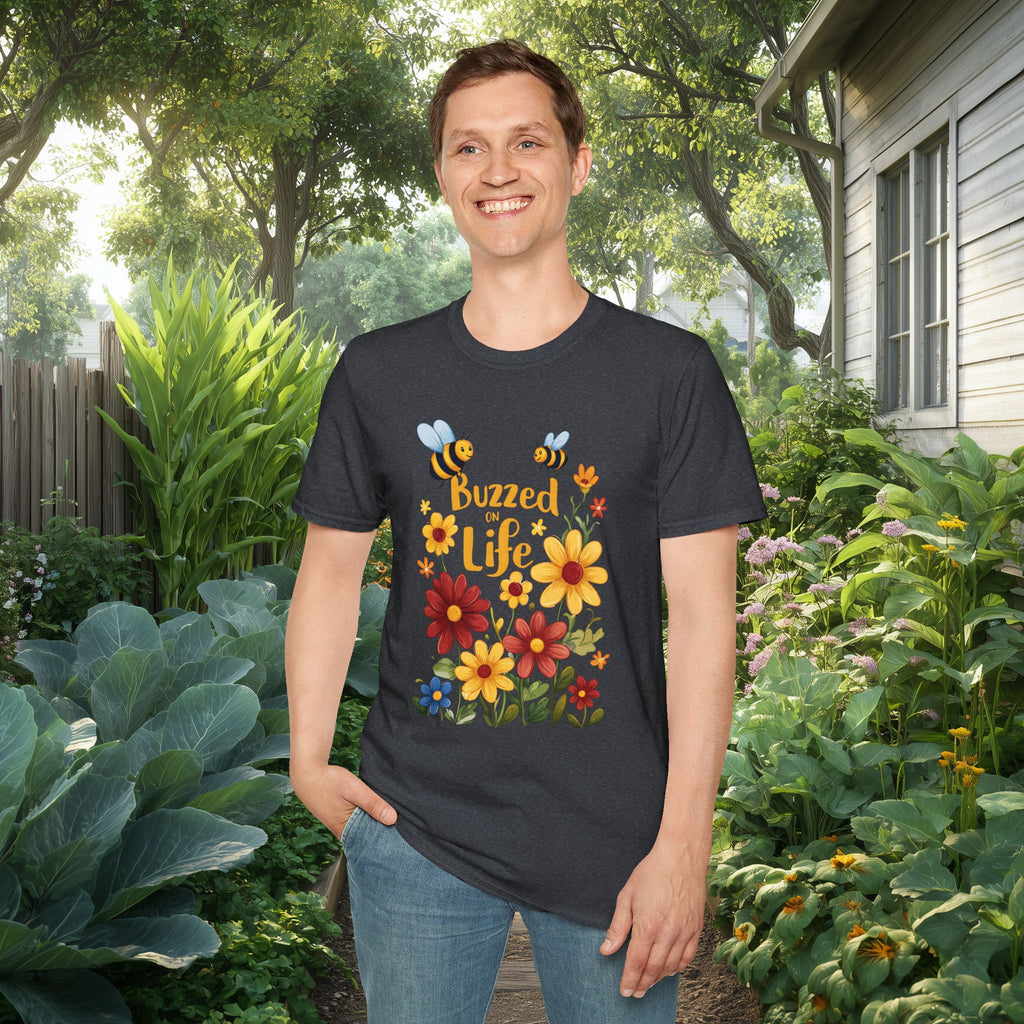 Cartoon Buzzed on Life Unisex T-Shirt for Gardeners, Nature Lovers
