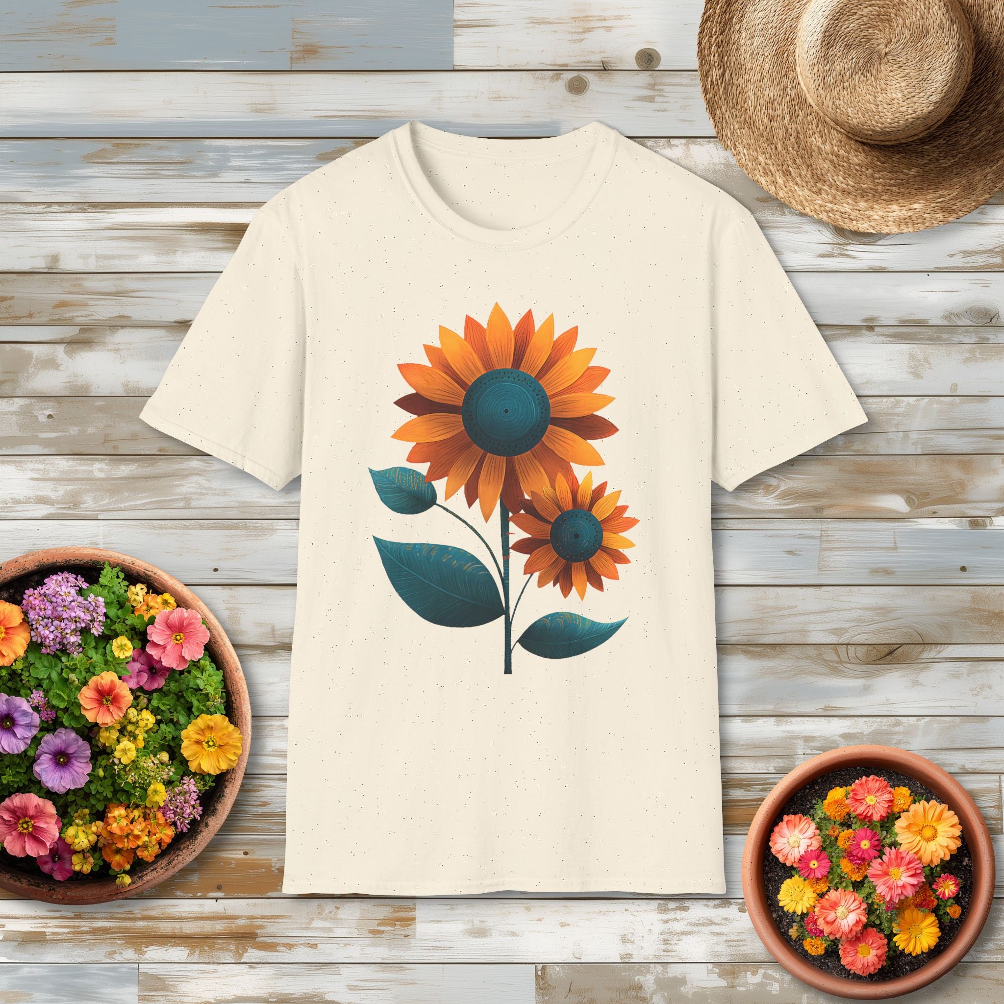 Minimalist Sunflower Duo T-Shirt – Modern Garden Style