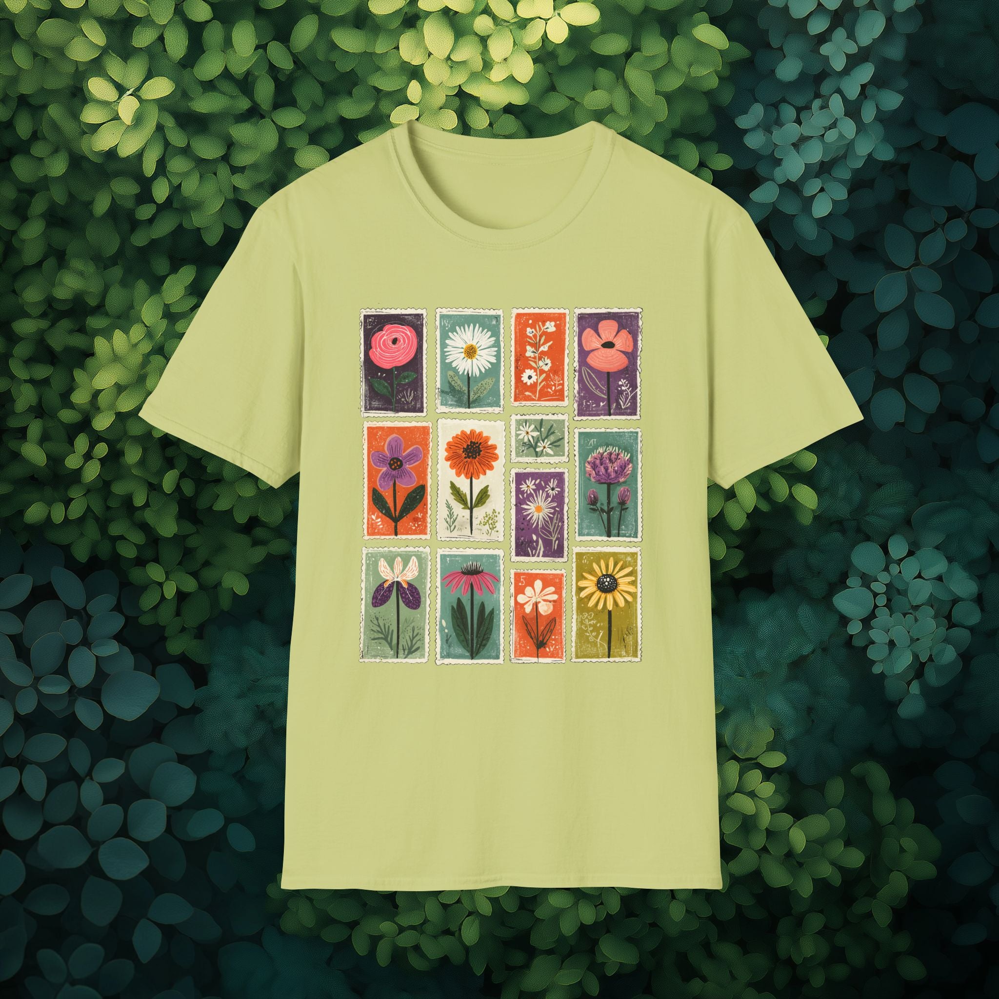 Charming Flower Stamp Collage T-Shirt for Gardeners