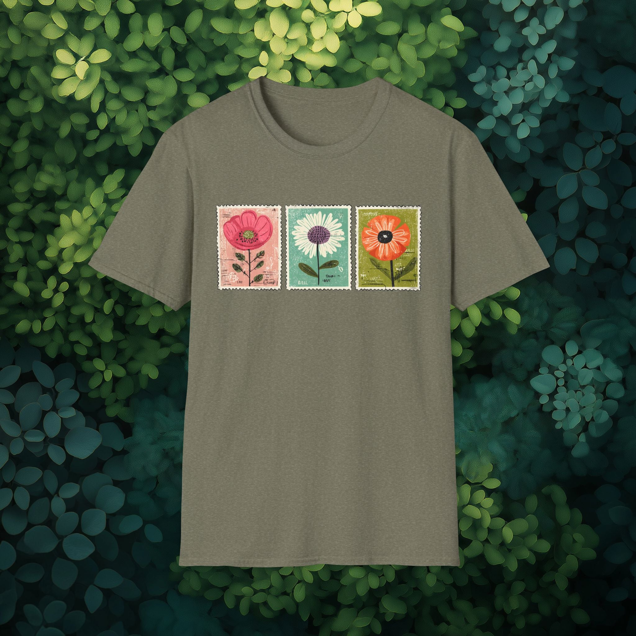 Charming Floral Stamp Trio T-Shirt for Gardeners