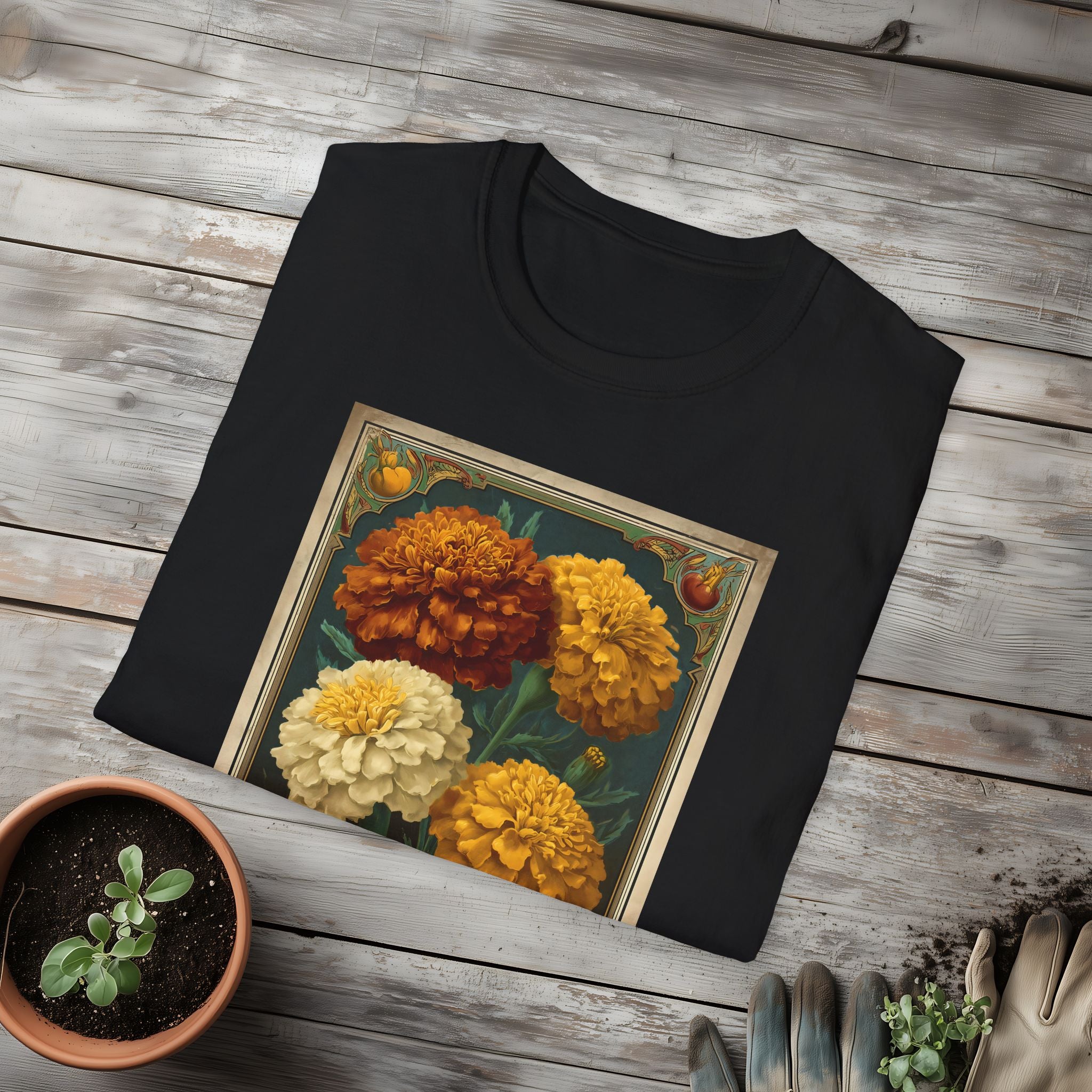 Vintage Marigolds Seed Packet Unisex T-Shirt for Gardeners, Nature Lovers